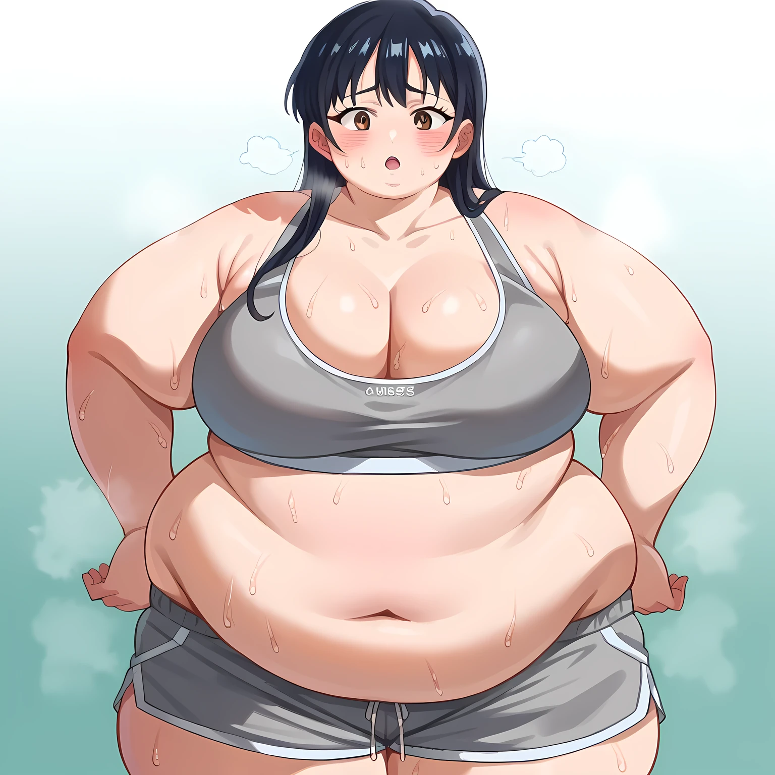 score_9, score_8_up, score_7_up, source_anime, annayamada, anna yamada, 1girl, armpit crease, bare shoulders, black hair, grey shorts, blush, breasts, brown eyes, cleavage, collarbone, cowboy shot, dolphin shorts, glases, large breasts, long hair, long sleeves, looking at viewer, navel, short shorts, shorts, solo, sports bra, standing, steaming body, sweat, grey sports bra, red glases fat, chubby, obese, gigantic arms and legs, large breasts open mouth, out of breath
