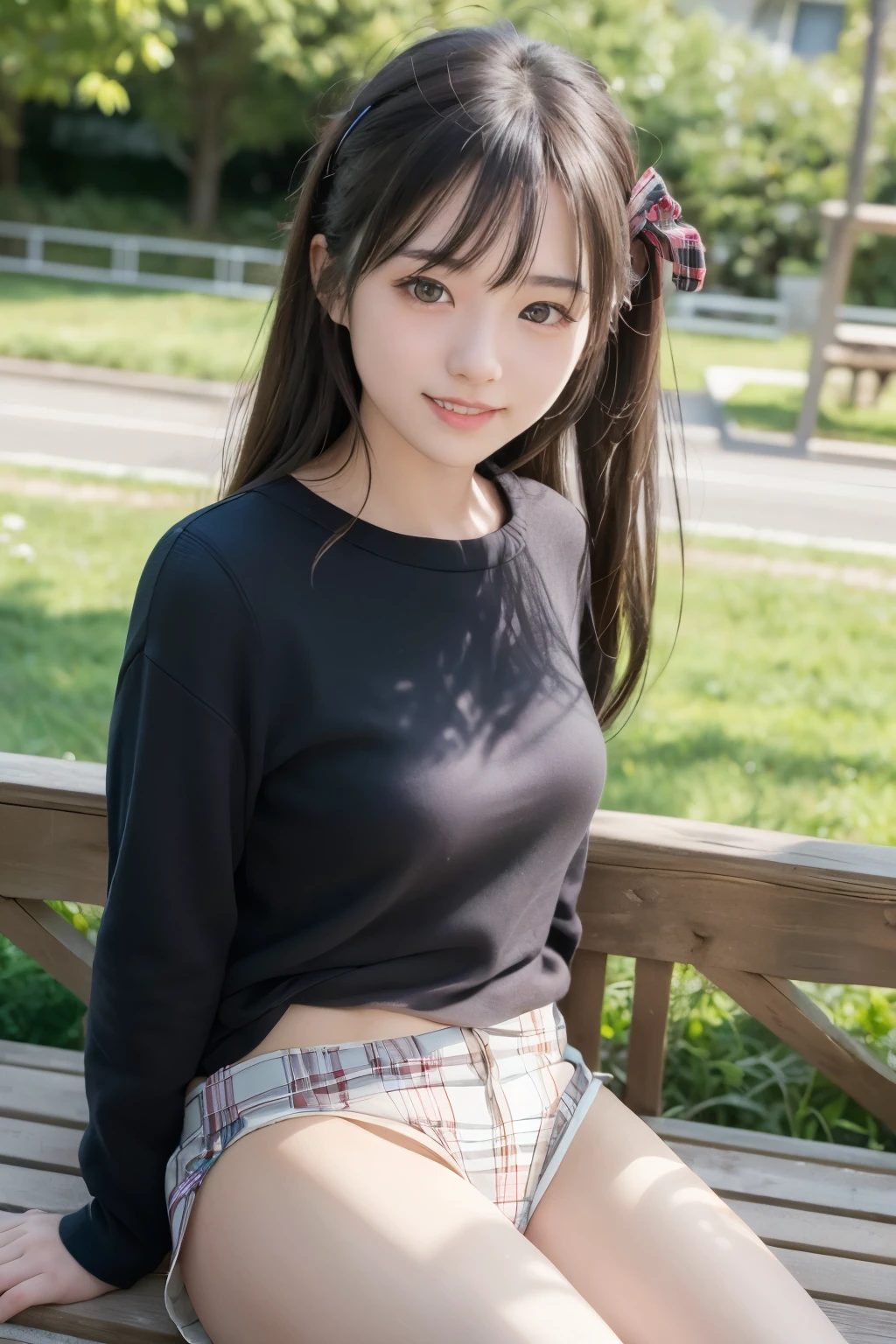 (Highest quality,masterpiece:1.3,Ultra-high resolution),(Very detailed、Caustics) (Realistic:1.4, RAW shooting、)Ultra-Realistic Capture、Very detailed、Natural skin texture、masterpiece、(A Japanese elementary school girl wearing a fluffy hoodie and jeans:1.3)、Adorable expression、Expressions of happiness、10 years old、height: 140cm、Baby Face、Pure girl、Amazingly cute、Twin tail hairstyle、Curly Hair、ribbon、Black Hair、Large Breasts、Shining thighs、Shining ass、necklace、Photographed while sitting on a bench on the main street of a summer resort、Background details、smile、An inviting gaze、(Anatomically correct)、Cowboy Shot、Attention to detail、