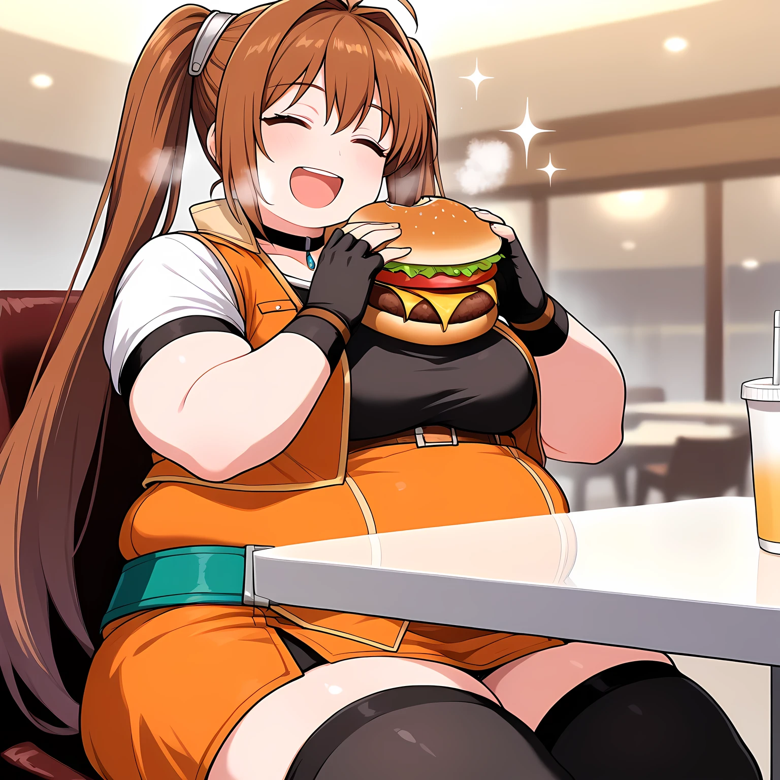 masterpiece, best quality, 1girl, solo  csestl, brown hair, ahoge, twintails, closed eyes, single pauldron, choker, orange vest, short sleeves, black and white shirt, miniskirt, green belt, black gloves, spandex shorts, black thighhighs, sitting, holding a huge burger, looking at viewer, happy, sparkles, open mouth, table, chair, restaurant, medium breasts fat, chubby, obese, gigantic arms and legs, large breasts open mouth, out of breath