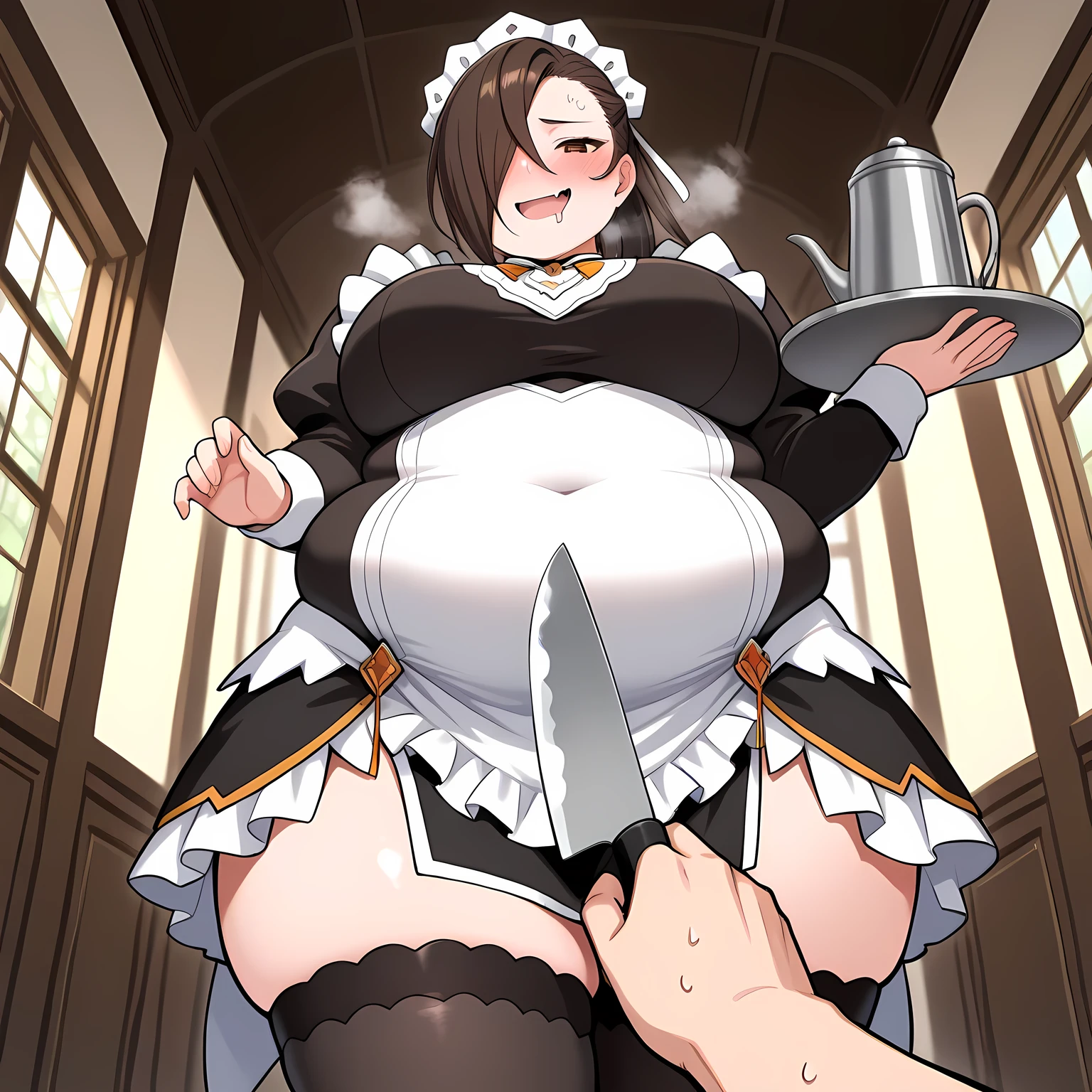 masterpiece, best quality, 1girl, solo,  hwKgro, brown hair, ponytail, brown eyes, hair over one eye, maid headdress, maid dress, apron, frills, black thighhighs, indoors, holding tray, holding kitchen knife, mansion, hallway, looking at viewer, large breasts, smirk, evil smile bulging belly, fat, chubby, obese, open mouth, out of breath, absurdres, highres icon, rating:General, confused, blush, {flustered}, nervous sweating, portrait, pov hands, hand on another's belly, averting eyes, [looking away], straight-on, from below, swollen face, masterpiece, best quality, ultra-detailed, high resolution, 8K, drooling