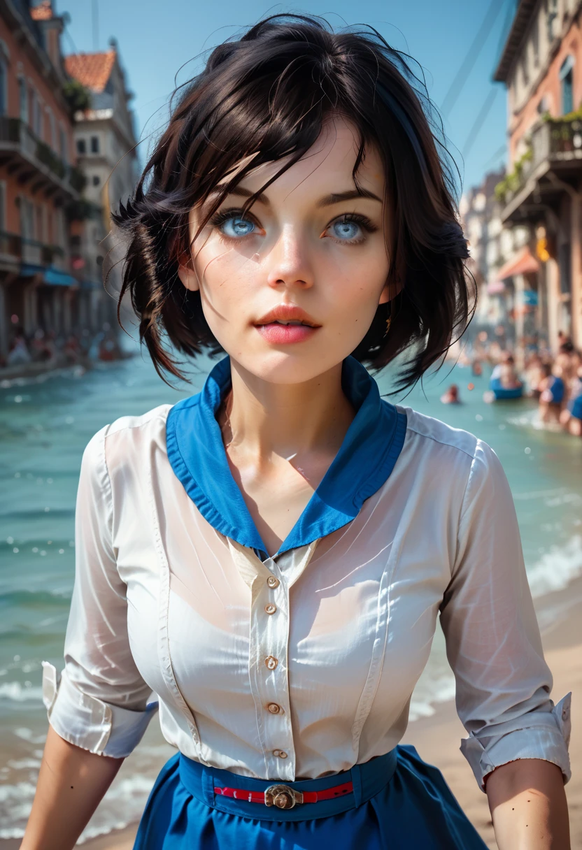 Realistic, Elizabeth Comstock from "Bioshock Infinite", ((running)), ultra-detailed face, beautifully detailed eyes, indoor artifical beach background, d3t41l3d 