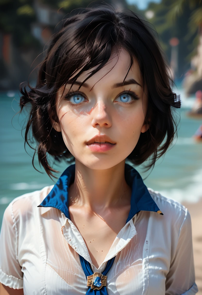 Realistic, Elizabeth Comstock from "Bioshock Infinite", ((running)), ultra-detailed face, beautifully detailed eyes, indoor artifical beach background, d3t41l3d 