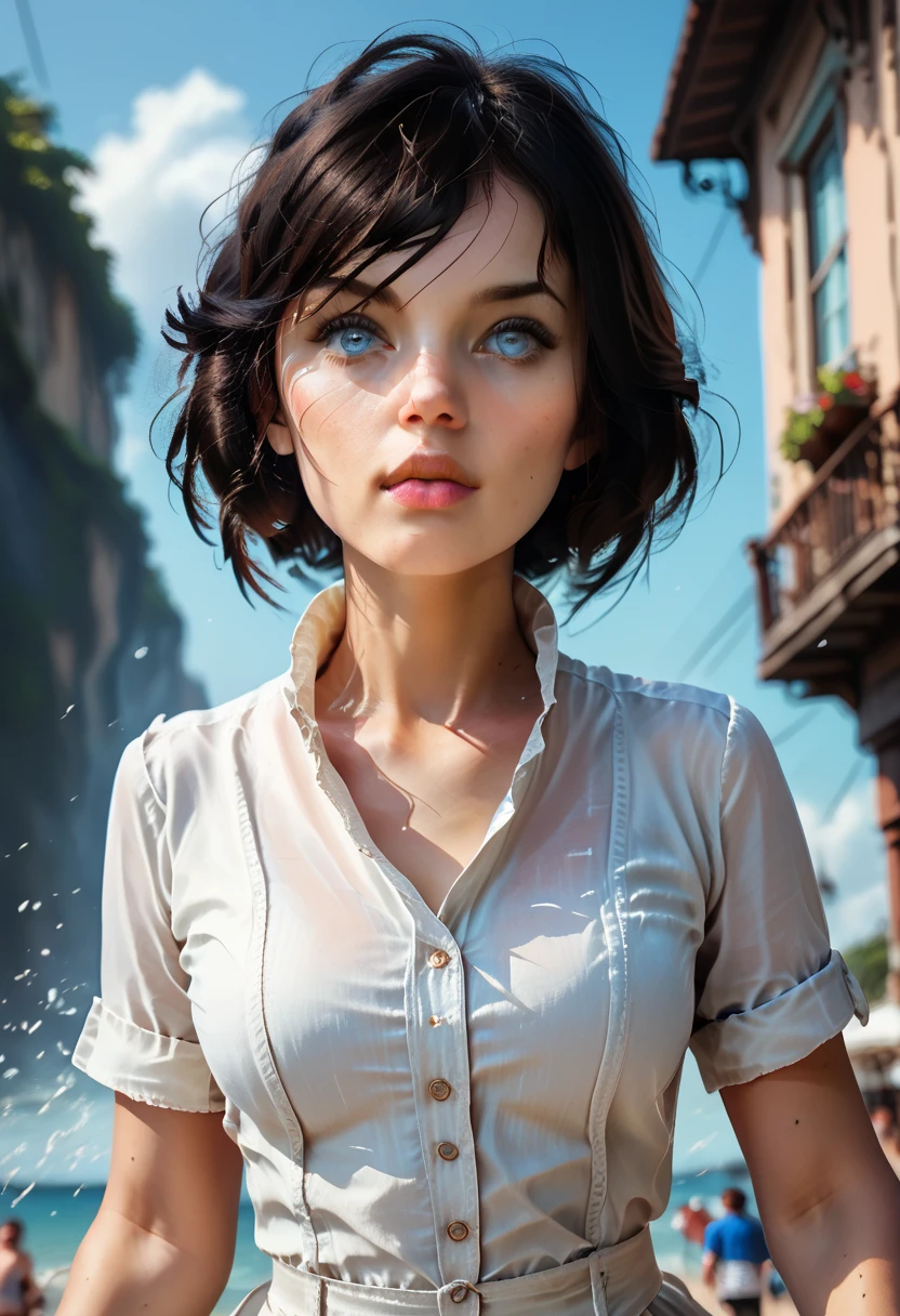 Realistic, Elizabeth Comstock from "Bioshock Infinite", ((running)), ultra-detailed face, beautifully detailed eyes, indoor artifical beach background, d3t41l3d 