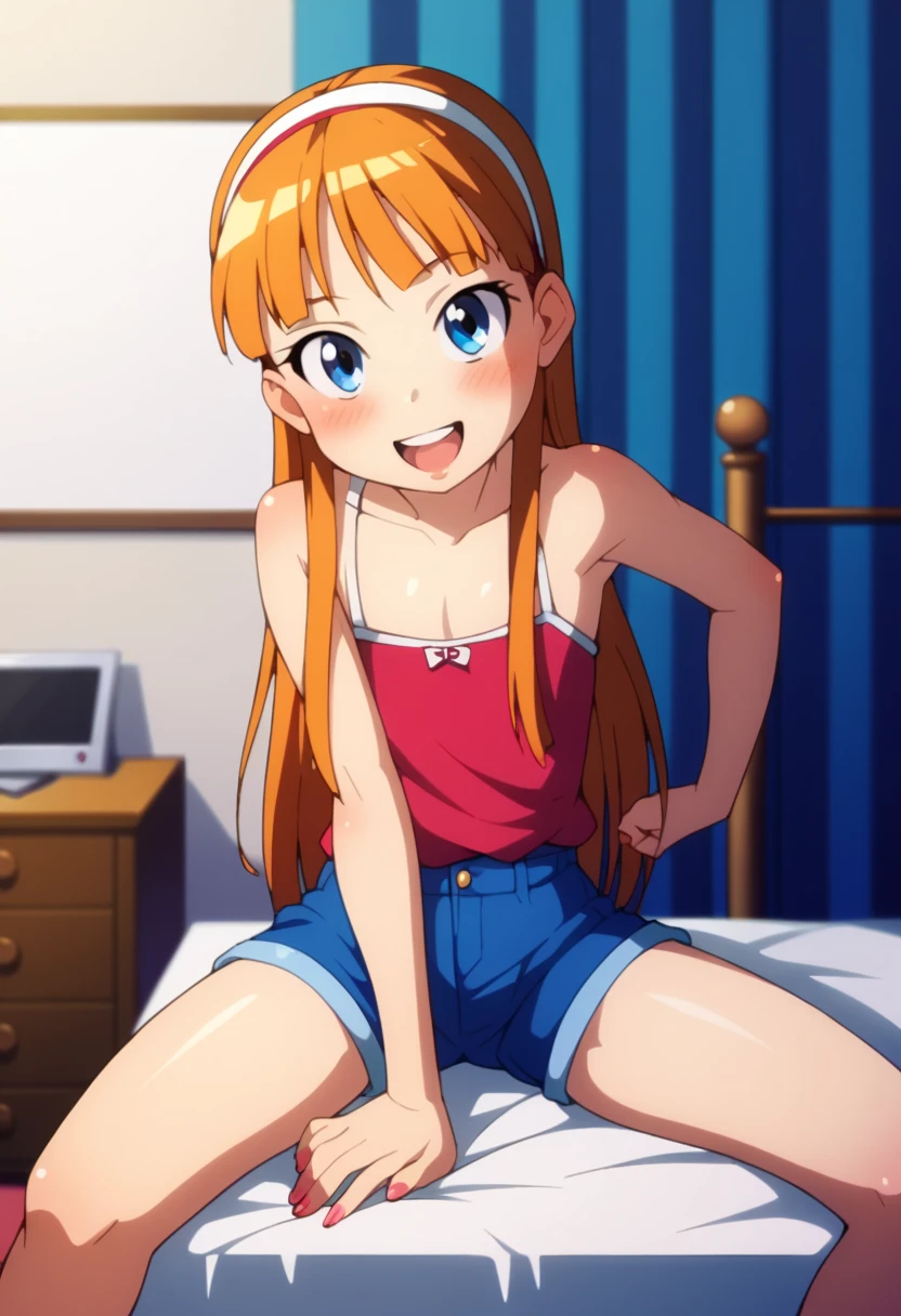 (( top quality)), ((masterpiece)), (be familiar with),  perfect face, indoor, bedroom,  watching viewers,
One woman,  Yukiko Aikina,
 open mouth,  with an ecstatic expression , blush, smile,
 small ,  flat chested, Young girl, Lori,  kids,  girl,
 long hair,  long hair on background,
Leg spread,