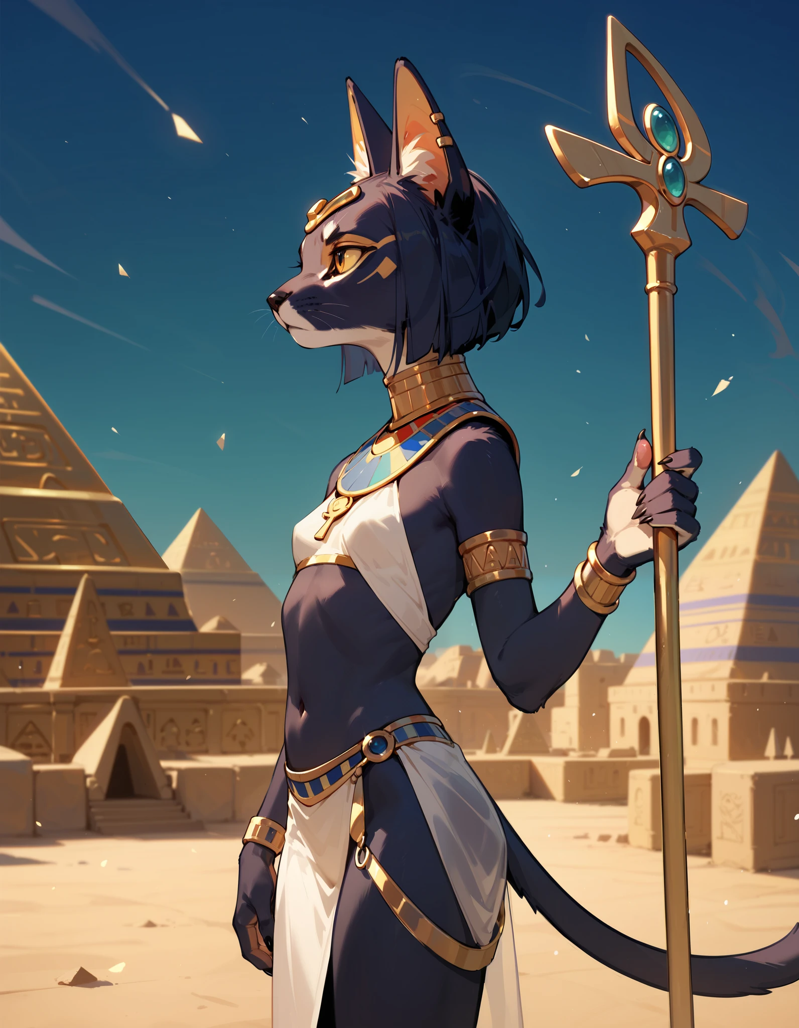 best quality masterpiece, the best definition to add aesthetic and lighting detalles Black girl jackal, egyptian clothing, girl, ,black body, ( the best definition in the body, good attributes, stylized body, slanted eyes, sensual look) egypt landscape, golden tattoo body, sensual eyes, yellow pupil, He has 2 kunai in his hands., battle pose, background fire add_detalle Ferocious fangs, sharp fangs, wild sharp claws, angried, hitting with his fist and destroying a pyramid add_detail female godness, killing a human who is kneeling in front of her with a dagger, human kneeling venerating her