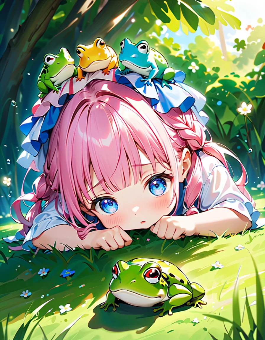 Highest quality、High resolution、Detailed Background、Beautiful face in every detail、Anatomically correct、Detailed facial expressions、fine grain、((full body, from below:1.8, side shot)), break ((A girl and a large mechanical frog face each other:1.2)、(Chibi Girl:1.2))、Cute hair color、Big beautiful blue eyes、Fuller lips、Pink Lips、Braided twin tails、Ahoge、(A girl is talking to a frog:1.2)、(Cute sleeveless summer clotheini skirt、Cute sneakers)、break ((Spread your legs、Stand with your back straight、((Cross your arms:1.2))))、(Get angry、Close your mouth、Determined look:1.2)、break (The background is an ancient ruin、in the forest、((Big Bad Mechanical Frog:1.2)))