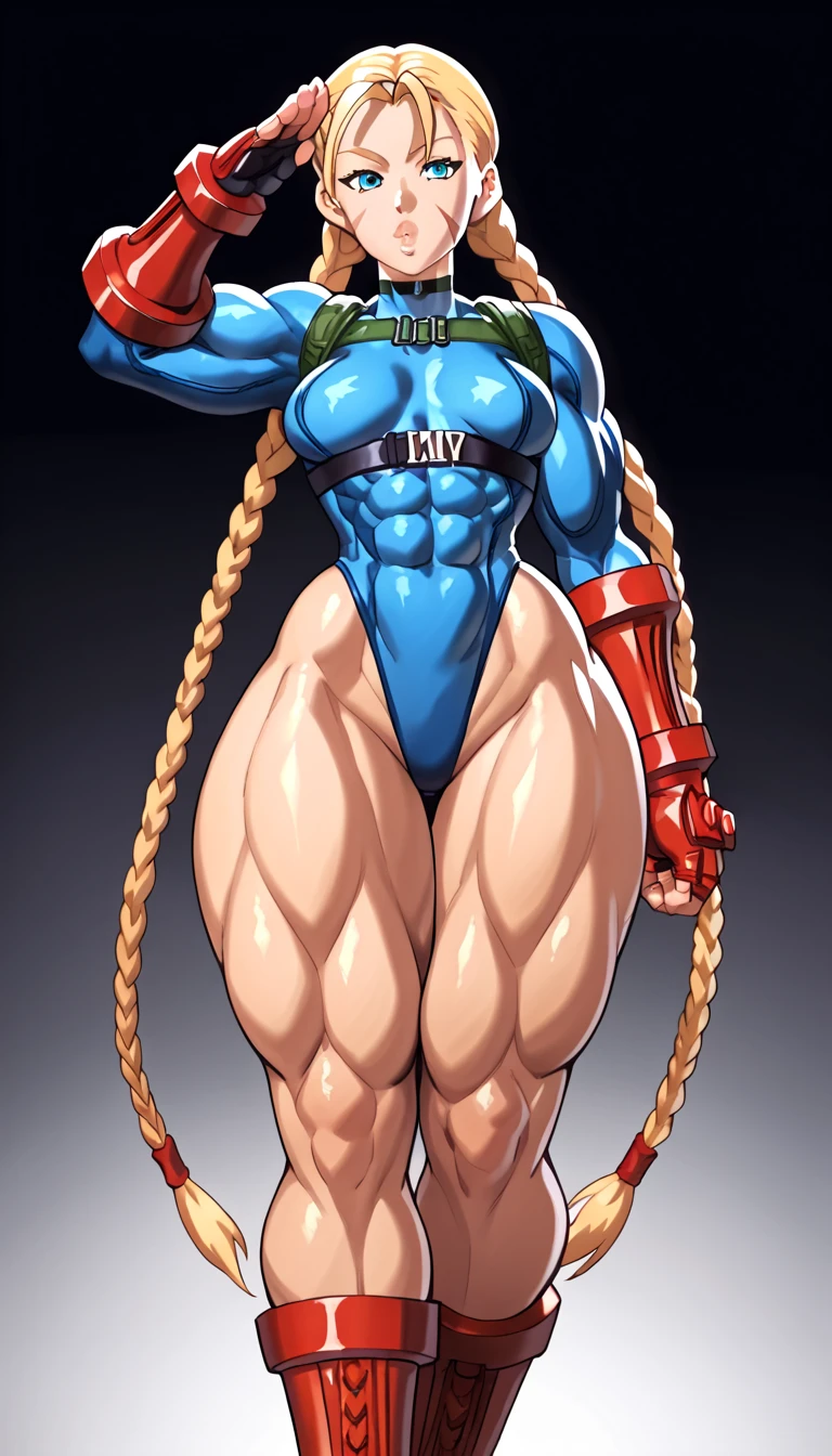 score_9, score_8_up, score_7_up, score_6_up, score_5_up, score_4_up, BREAK Source_anime, CammySF, curvy, voluptuous, (stand up, salute full frontal, cowboy shot),((arms to the side)), black background , simple background, masterpiece,  twin braids, blonde hair, ahoge, (muscular:1.5),(muscular female:1.5), ((biceps, muscular shoulders,muscular chest, pectorals)), hypermuscular body, strong well defined muscle, powerful, bodybuilder physique, wide hips, narrow waist, blue leotard, red gauntlets, muscular, muscular female, small breasts, cammy white from street fighter, 