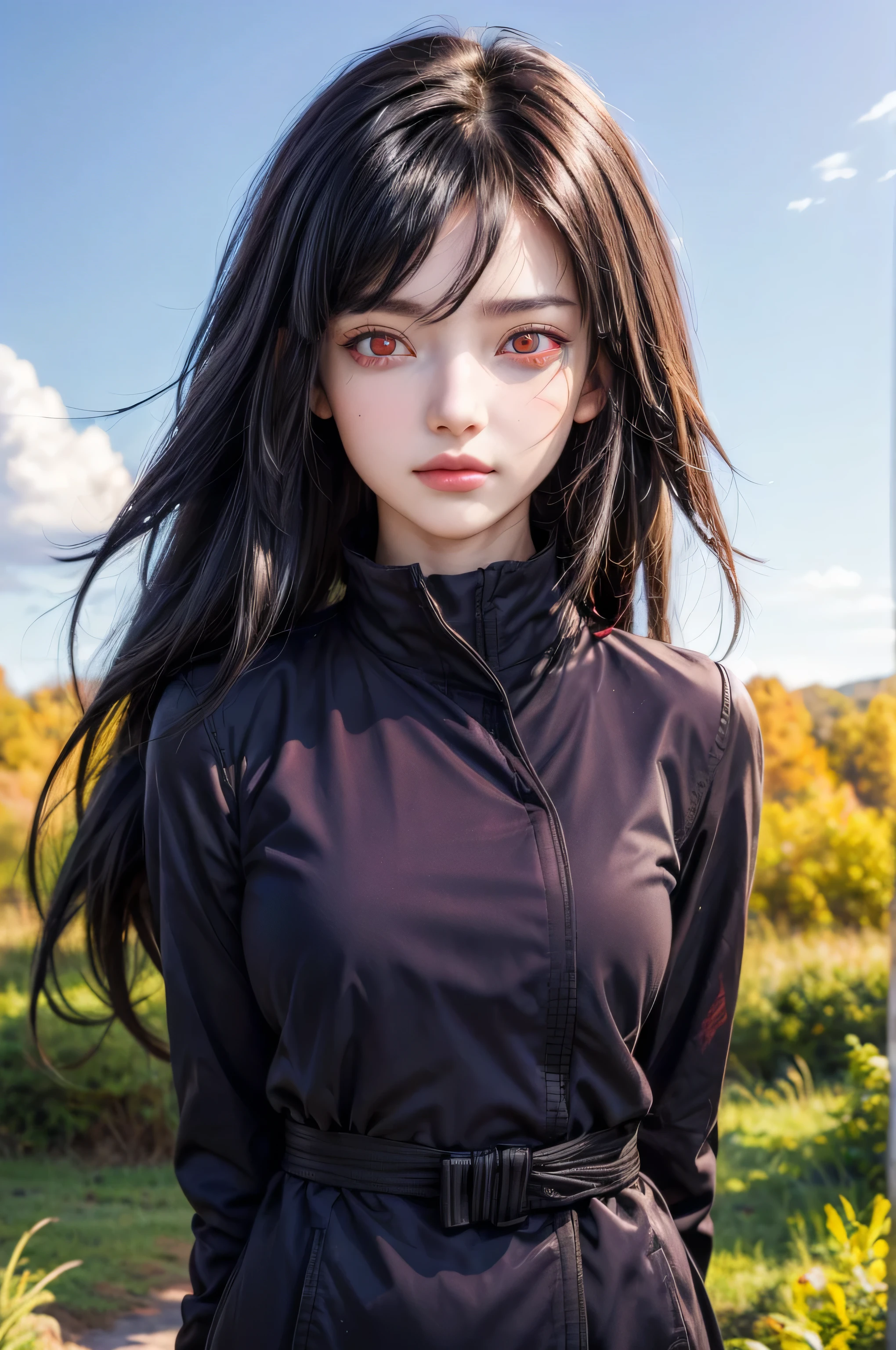 masterpiece, best quality, (realistic,photo-realistic:1.4), (RAW photo:1.2), extremely detailed CG unity 8k wallpaper, delicate and beautiful, amazing,finely detail, official art, absurdres, incredibly absurdres, huge filesize, ultra-detailed,extremely detailed eyes and face,light on face,sinon,(little smile),(long hair:1.4),(nature background:1.4),(sidelocks:1.4),(black hair:1.4),(red eyes:1.7),(red eyes:1.5),(wearing coat:1.5),(teen girl:1.5)
