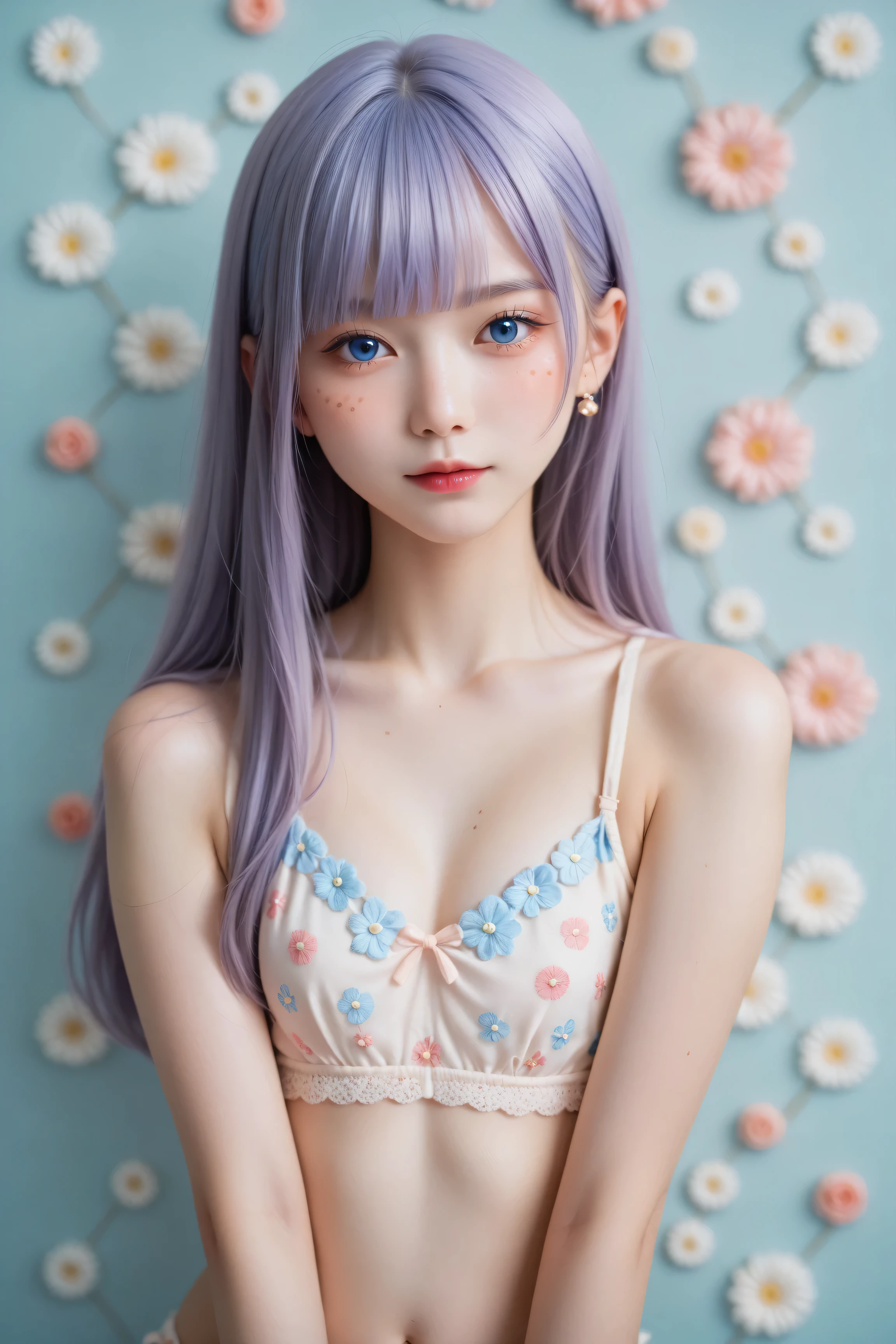 A mesmerizing surreal illustration of a young japanese woman. She has pastel purple hair with blunt bangs, blue eyes, and wears a vibrant purple and blue pastel colored outfit adorned with intricate floral patterns. Freckles dot her smooth, warm complexion, and bold, colorful tattoos cover her arms and legs. The tattoos feature traditional Japanese motifs like flowers and mythical creatures, rendered with meticulous detail in a pastel color palette. The background is a vintage floral-patterned wallpaper that complements the artwork's colors. The line work is precise, with delicate shading that gives the illustration a 3D quality. The artwork fuses modern illustration techniques with traditional Japanese aesthetics, resulting in a visually striking, portrait,