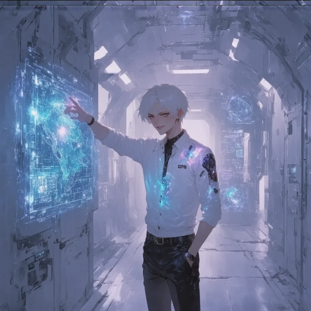 1boy , white hair,bokeh, close mouth, modern theme,,,,,,Inside a sleek, futuristic space station,he is a young male staff member, and he is in a neatly designed uniform stands confidently, smiling warmly at the camera. He is surrounded by a sophisticated interior, where smooth metallic surfaces are interwoven with glowing cyan lines that pulse gently, emphasizing the station's advanced technology. The boy gestures toward a large, semi-transparent virtual screen floating beside him, displaying holographic diagrams, charts, and maps related to the facility. The ambient lighting is soft and cool, with hints of cyan and white reflecting off the polished surfaces, creating a calm yet advanced atmosphere. Behind him, the corridor reveals other sections of the station with similar glowing accents, hinting at the vastness of the structure. The scene captures the essence of a welcoming and highly technological environment