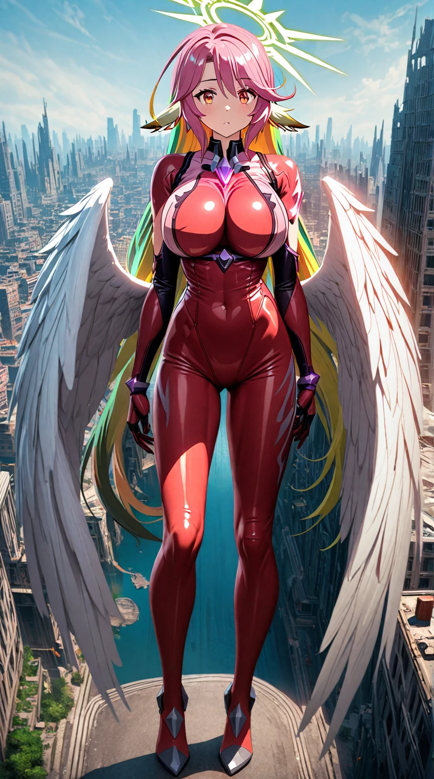 jibril,(big breast:1.5),(big white wing),(glamorous),full body,red bodysuit,shiny bodysuit,colorful hair,cyborg ear,halo,sharp focus,semi-realstic,extremely detailed CG,standing,girl towering over miniature ruined city,giant girl,road,from above,daytime