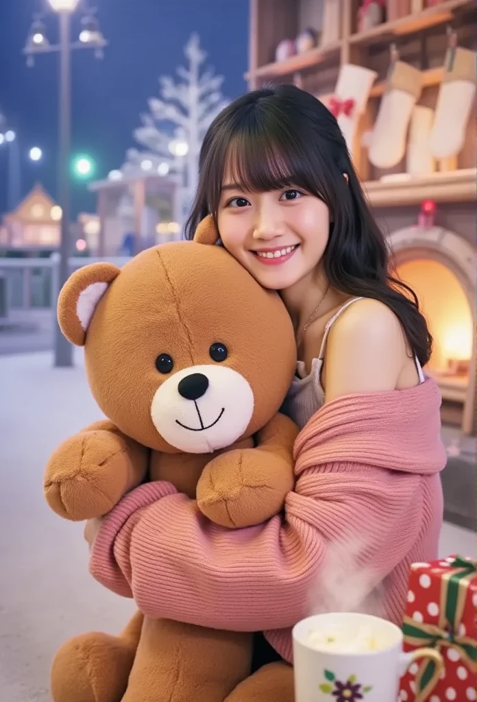 (Best Quality,4K,hight resolution,masutepiece:1.2),Realistic,Christmas,girl (12 years old),Hugging a big teddy bear,Wear warm clothes,Snow falling in the background,Winter wonderland,Joyful expression,Magical atmosphere,Soft lighting,Vivid colors,Happiness,laught,Welcoming environment,Warmth,Smiling eyes,Curly hair,Shimmering decoration,Twinkling lights,wrapped present,magic snowflake,christmas tree with ornaments,log cabin,curl up near the fireplace,Peace and quiet,Excitement and anticipation,Snowy landscape,childhood innocence,Enchanted moments,Playful laughter,Upholstered stockings,off shoulders