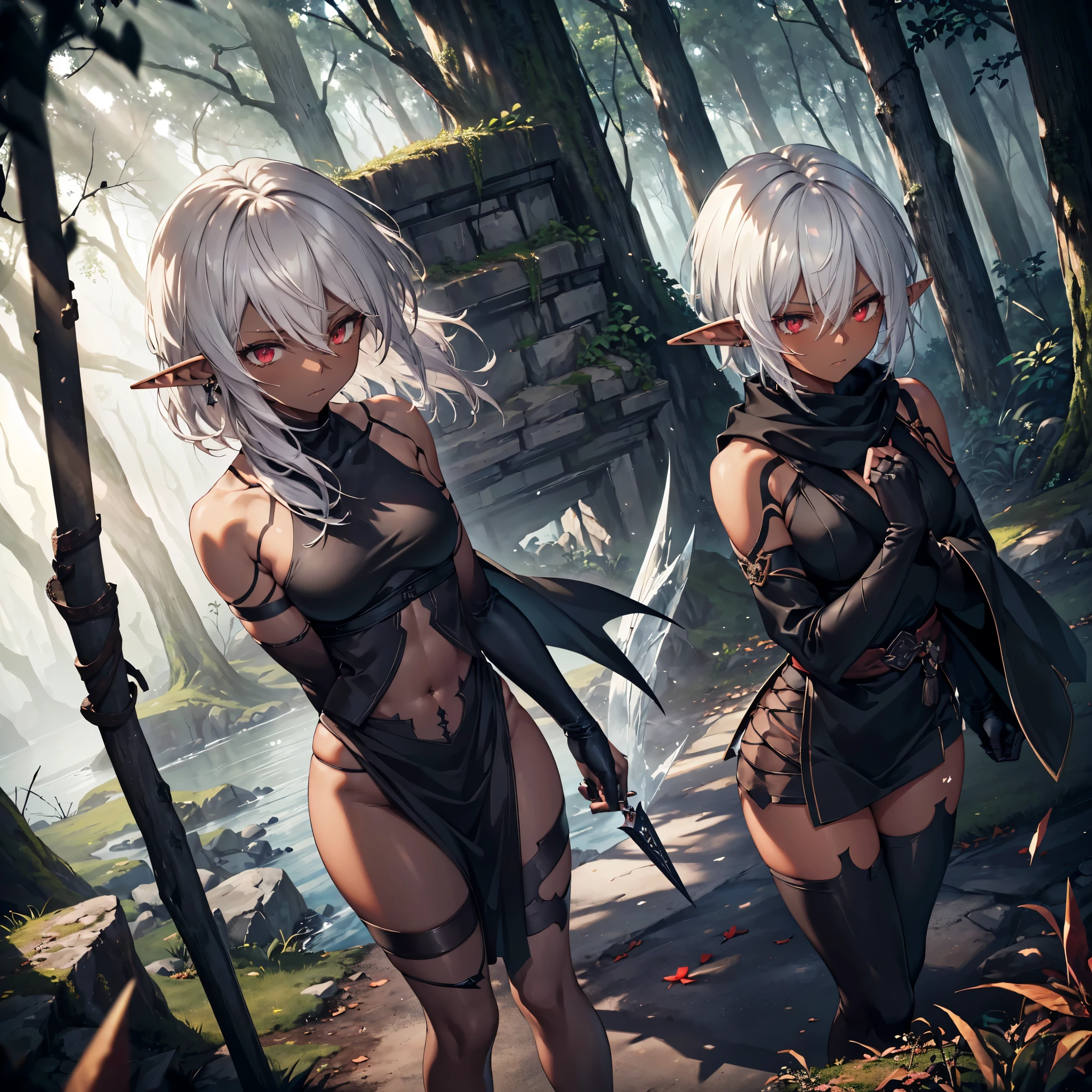 masterpiece, best quality, highly detailed, digital art, character design, full body shot, (single female elf assassin:1.4), ((dark skin tone:1.3)), (dark red eyes:1.2), ((short dark ash hair:1.3)), hair ornament, long eyelashes, (small pointy ears:1.2), lean muscular build, (delicate facial features:1.2), (serious expression:1.2), (lightweight dark outfit:1.3), short sleeves, fingerless gloves, arm bracers, earthy color palette, nature inspired details, (subtle glow from skin:1.1), (fractured/crystalline textures:1.3), outdoor forest scenery, scattered dead leaves, dramatic lighting, (throwing knives:1.2), (kunai shuriken:1.2), (throwing needles:1.2), perfect human anatomy, symmetrical body, well-proportioned limbs