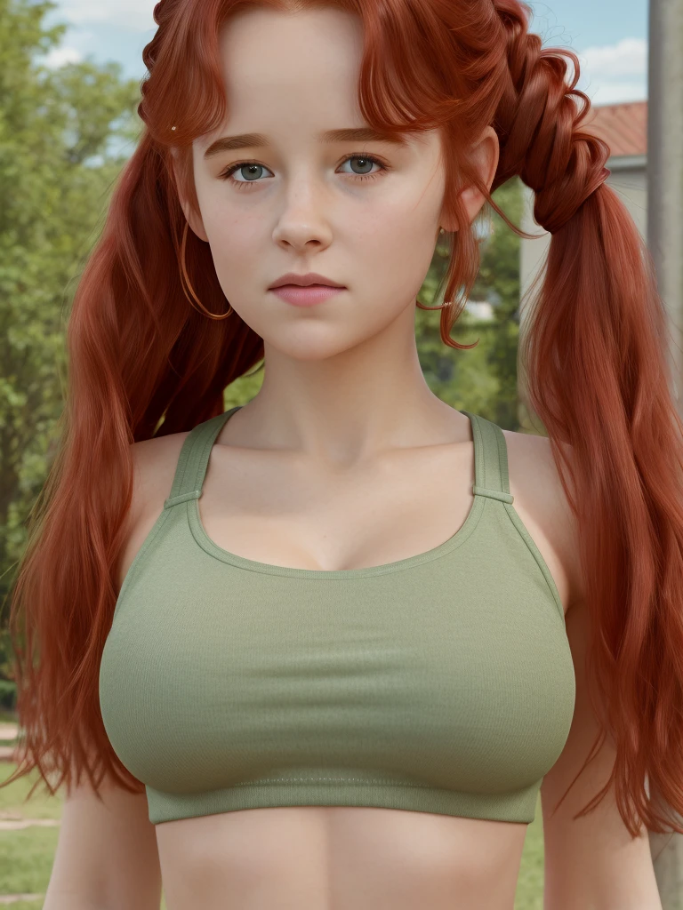 busty farm girl, red hair, dark brown eyes, pretty, young, teen, pigtails, freckles, tanned 1girl, 22 years old, mix4, (8k, RAW photo, best quality, masterpiece:1.2), (realistic, photorealistic:1.37), cute, professional lighting, photon mapping, radiosity, physically based rendering, ultra resolution, photorealistic