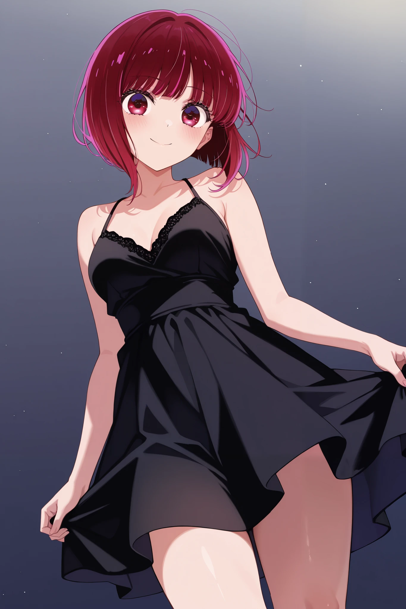 1girl, solo, high detailed, high quality, kana arima, black dress, sexy legs, smile