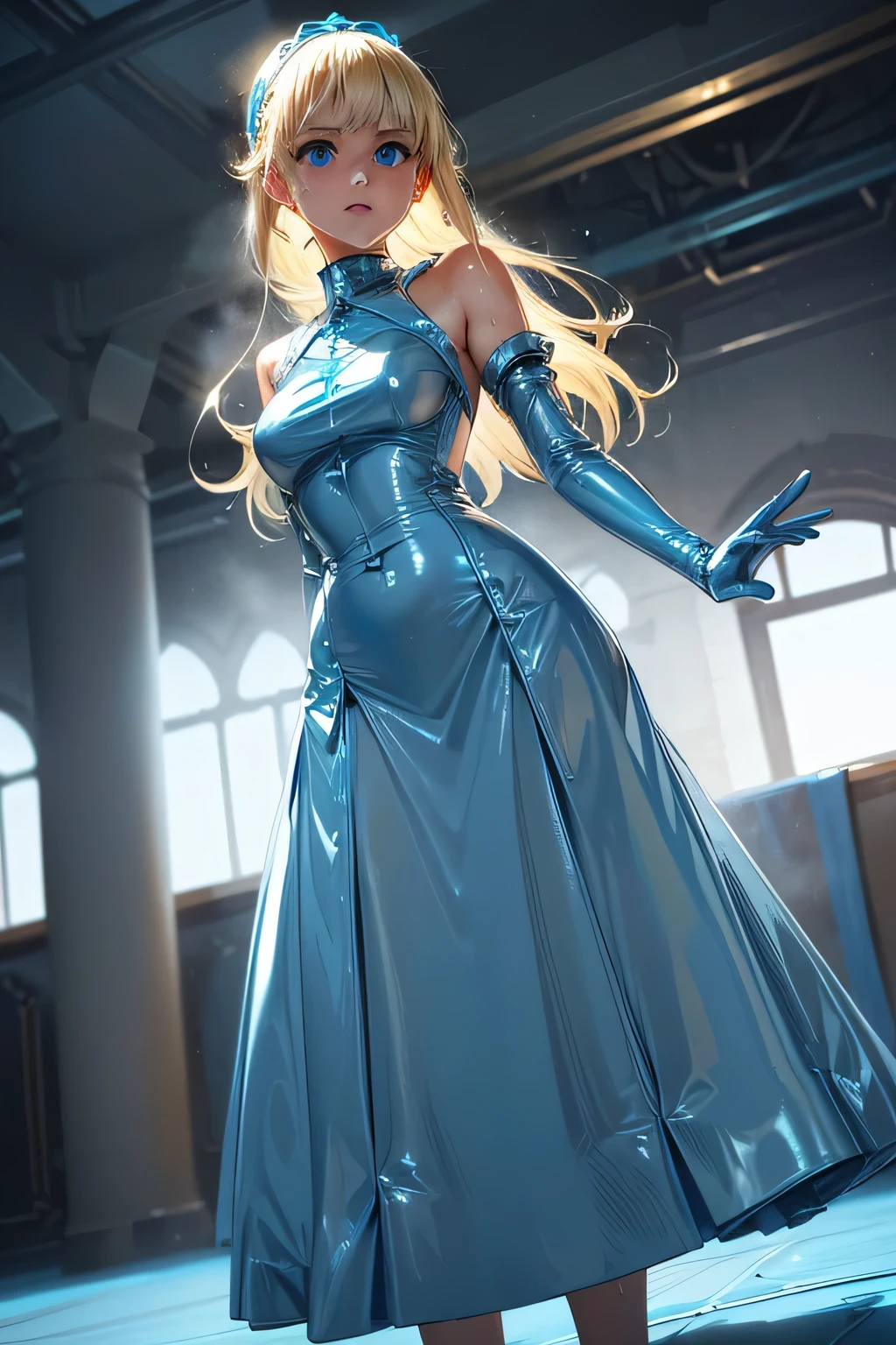 A classically beautiful, thin, , large breasts (young woman) with flowing platinum locks and a radiant glow, dressed in a majestic (teal mini dress), (((sheer transparent tan pantyhose))), and (((elegant expensive black heels))), crowned with a luxurious diamond tiara. Her image exudes timeless sophistication as she poses with a mighty gladius sword, against the backdrop of a lavish marble hallway. Masterpiece, low angle, from below, feet in view, show entire body, liberty, justice