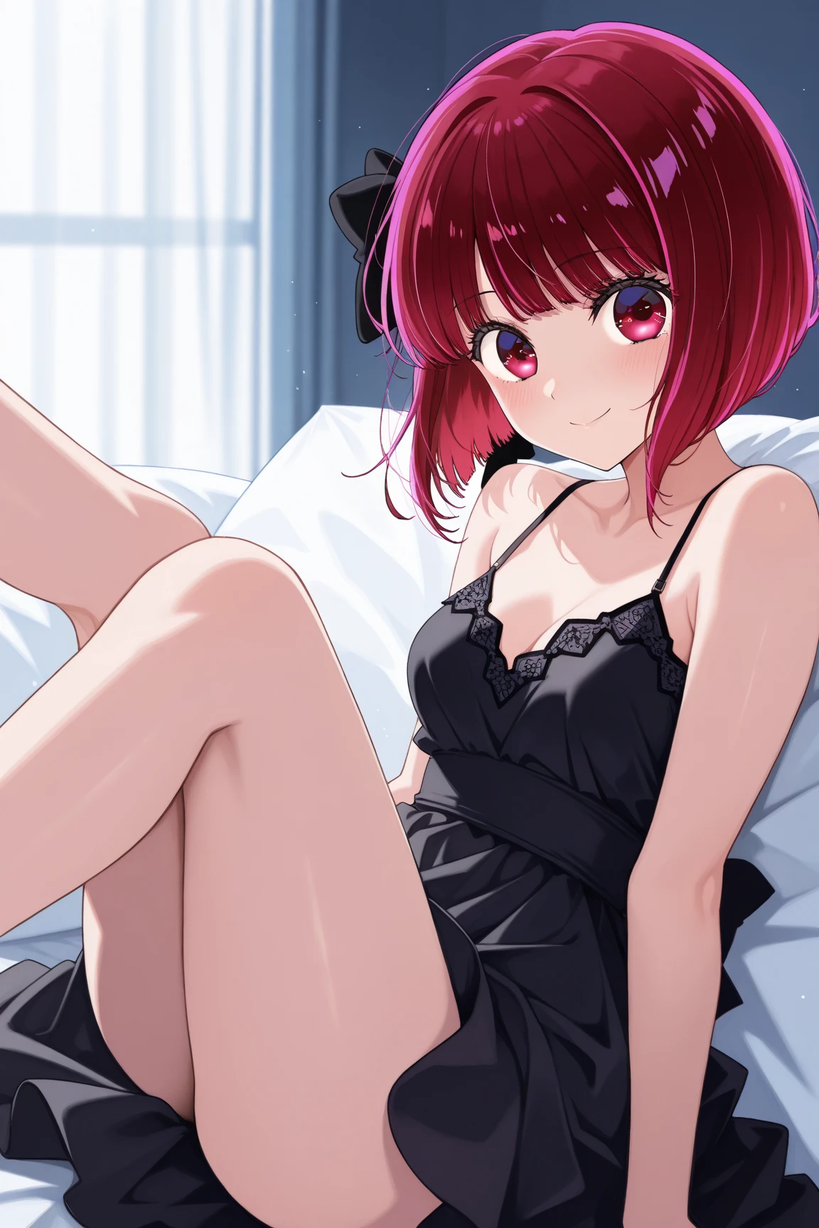 1girl, solo, high detailed, high quality, kana arima, black dress, sexy legs, smile 