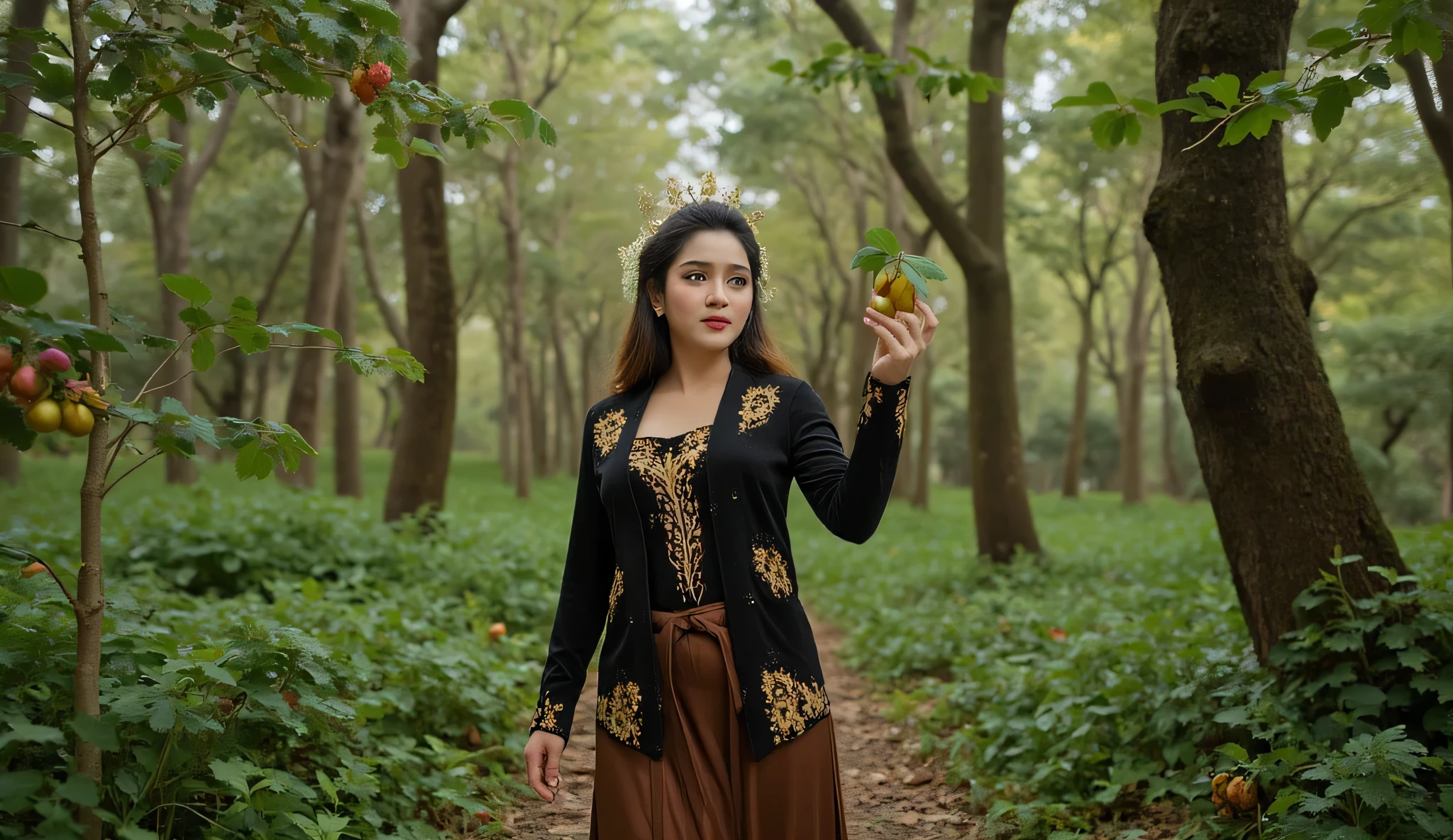 ((ultra-realistic photo)) [A beautiful 19-year-old Indonesian woman walks through a dense forest during the early morning, picking wild fruits from the surrounding trees. She is dressed in a black Javanese wedding kebaya with intricate gold accents and a brown kebaya skirt. Her face shows a mix of sadness and tears, her expression heavy with emotion. Around her, the forest is filled with tall, rimbun trees and thick undergrowth, with clusters of wild fruits visible among the branches. The sunlight gently filters through the foliage, casting a soft and natural glow. The close camera angle focuses on her face and hands as she picks a fruit, highlighting the fine details of her attire and the serene yet melancholic atmosphere, rendered in ultra-realistic 8K resolution.]