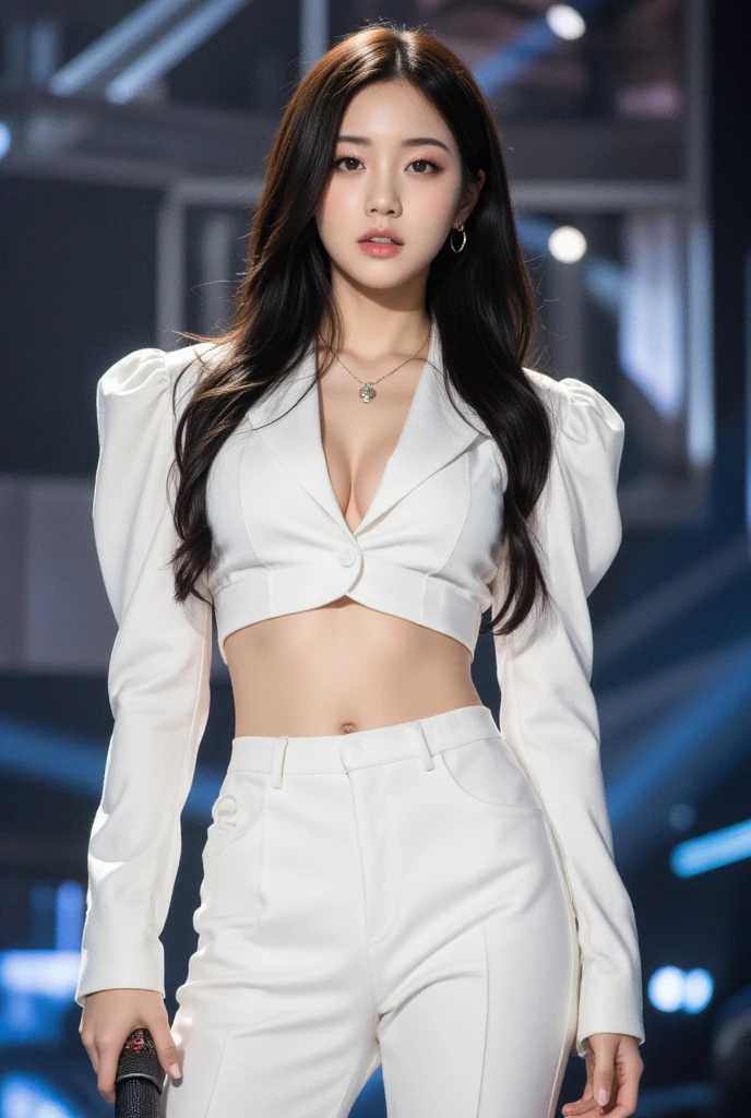 A kpop idol girl,wearing a aesthetic white korean outfit,long black hair,with mic,on stage, deep cleavage with boobs shown out, big boobs, pink tits, bare breasts are revealed to viewers