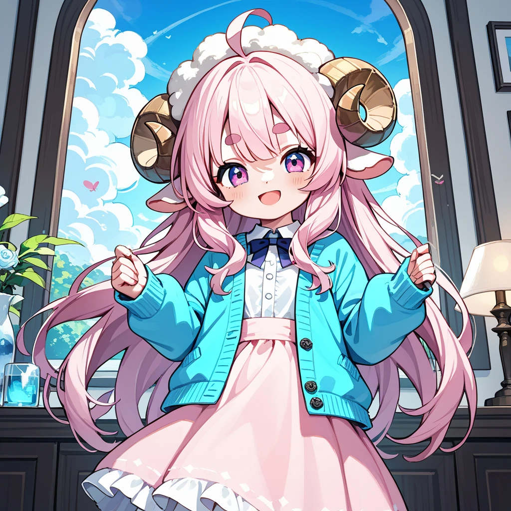 score_9, score_8_up, score_7_up, source_anime, (masterpiece:1.3, best quality:1.3, 8k,  highres icon:1.3, good anatomy), 1girl\Inside a transparent ball ,  pink fluffy long hair\ Fluffy Long Hair, Sheep&#39;s round horns, Thick eyebrows, smile,  Pink Dress ,  sky blue cardigan ,  cowboy shot BREAK sheep \Inside a transparent ball 