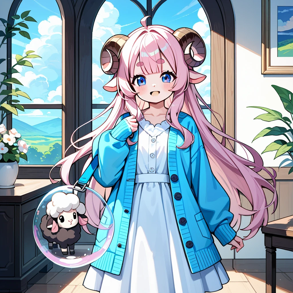 score_9, score_8_up, score_7_up, source_anime, (masterpiece:1.3, best quality:1.3, 8k,  highres icon:1.3, good anatomy), 1girl\Inside a transparent ball ,  pink fluffy long hair\ Fluffy Long Hair, Sheep&#39;s round horns, Thick eyebrows, smile,  Pink Dress ,  sky blue cardigan ,  cowboy shot BREAK sheep \Inside a transparent ball 