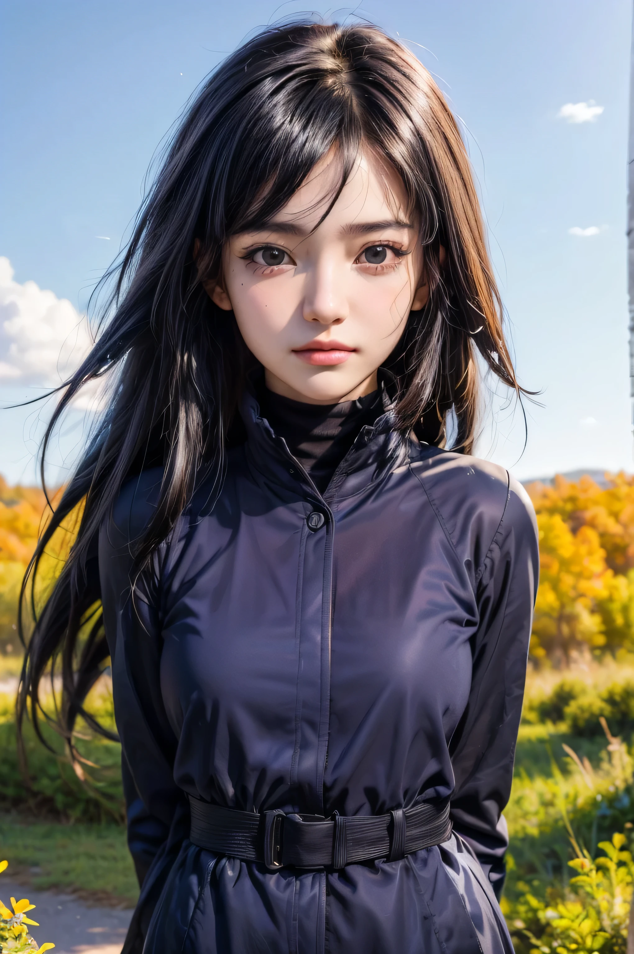 masterpiece, best quality, (realistic,photo-realistic:1.4), (RAW photo:1.2), extremely detailed CG unity 8k wallpaper, delicate and beautiful, amazing,finely detail, official art, absurdres, incredibly absurdres, huge filesize, ultra-detailed,extremely detailed eyes and face,light on face,sinon,(little smile),(long hair:1.4),(nature background:1.4),(sidelocks:1.4),(black hair:1.4),(black eyes:1.7),(wearing blue coat:1.5),(teen girl:1.5)
