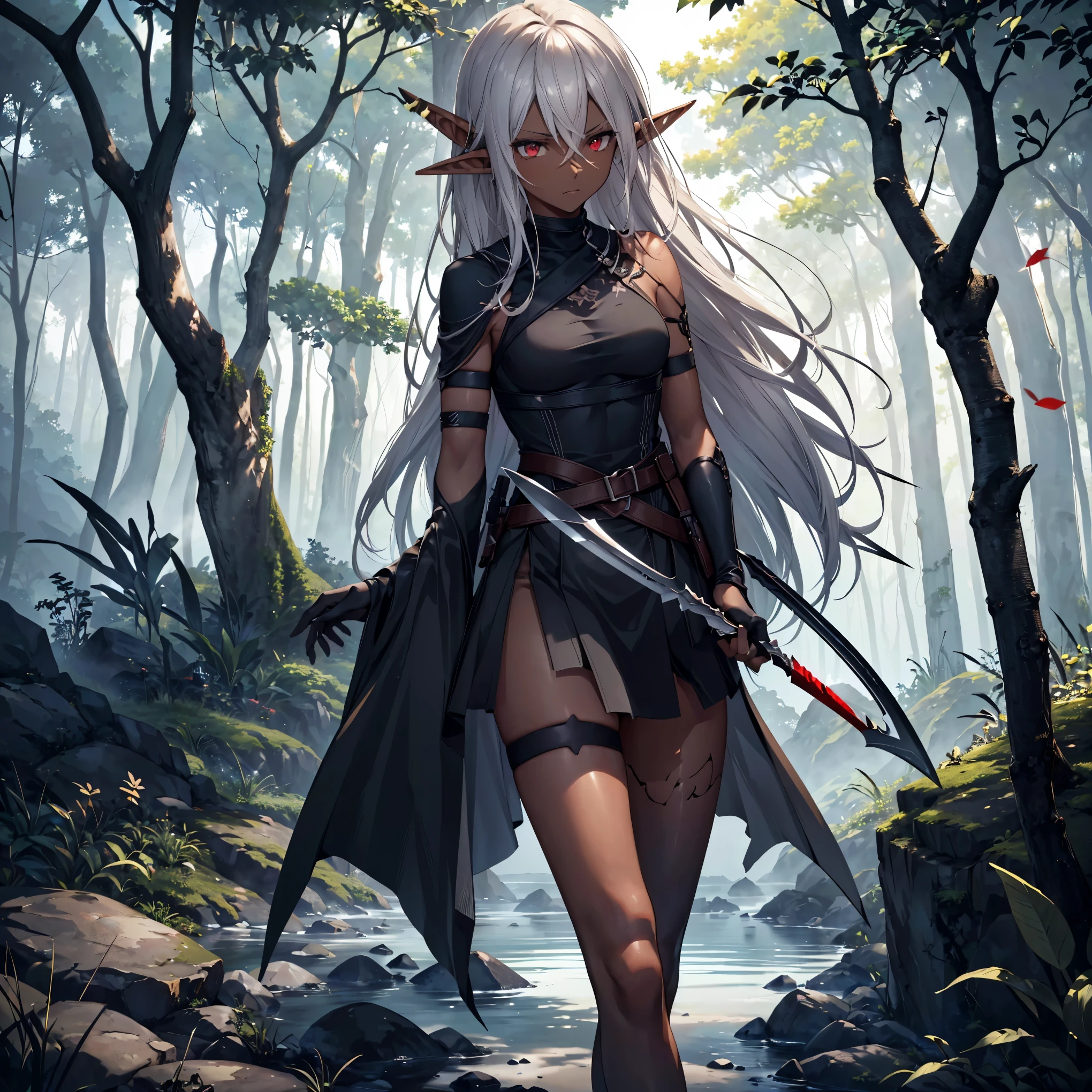 masterpiece, best quality, highly detailed, digital art, character design, full body shot, (single female elf assassin:1.4), ((dark skin tone:1.3)), (dark red eyes:1.2), ((short dark ash hair:1.3)), hair ornament, long eyelashes, (small pointy ears:1.2), lean muscular build, (delicate facial features:1.2), (serious expression:1.2), (lightweight dark outfit:1.3), short sleeves, fingerless gloves, arm bracers, earthy color palette, nature inspired details, (subtle glow from skin:1.1), (fractured/crystalline textures:1.3), outdoor forest scenery, scattered dead leaves, dramatic lighting, (throwing knives:1.2), (kunai shuriken:1.2), (throwing needles:1.2), perfect human anatomy, symmetrical body, well-proportioned limbs