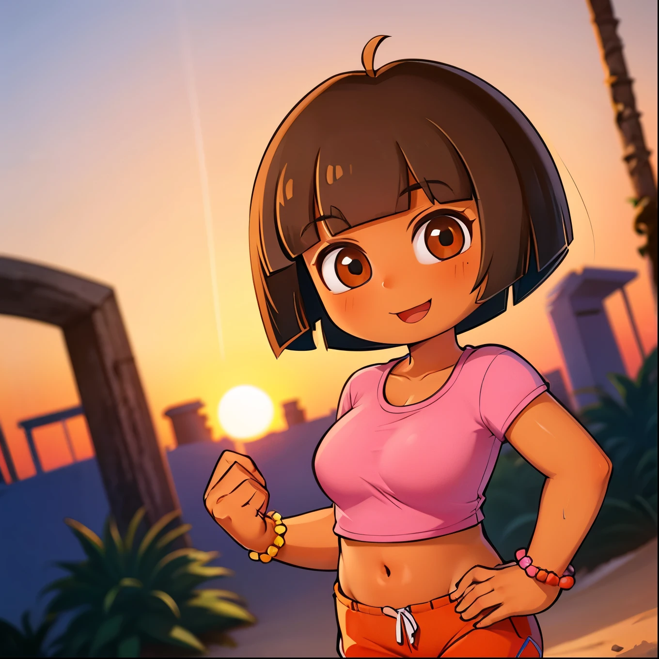 Young teenager, (solo 0.6), dark brown hair, bob cut hair, dark tan skin, Latina girl, brown eyes, exploring desert ruins, sunset, pink t shirt, orange shorts, bead bracelet, smiling, huge breasts, bare midriff, slender body, thin waist, cute,