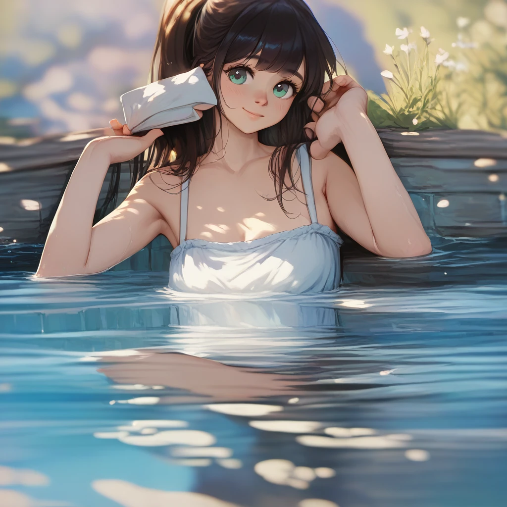 (Highest Resolution, clear_image) Highest quality, single, One woman, alone, masterpiece, Very detailed, Semi-realistic, Black Hairのショートヘア, Black Hair, bangs, 18-year-old, mature, Light blue , Indoor Background, kind, Authoritative, Powerful, exquisite features, exquisite features、Eyelashes become longer、Showing teeth、smile😀、(Swimwear)、woman'Fingers in the、(bikini)、