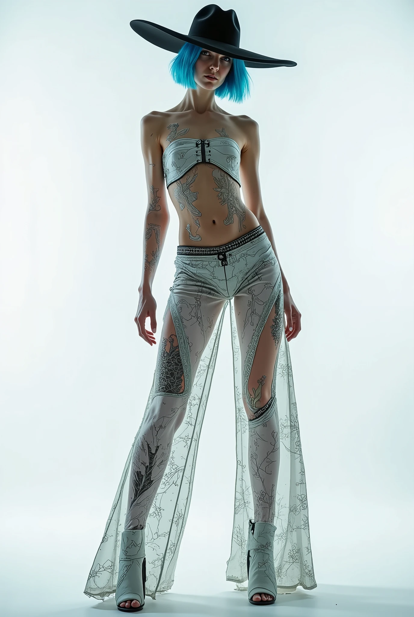 Show off your best skills and output avant-garde fashion photos, Masterpieces, Details, High image quality, Leave it to your taste , Clothing, Hats, Accessories, and fashion items with designs . body painting, white background , Flat lighting, Fashion pose , Kunstperformance, Light blue hair