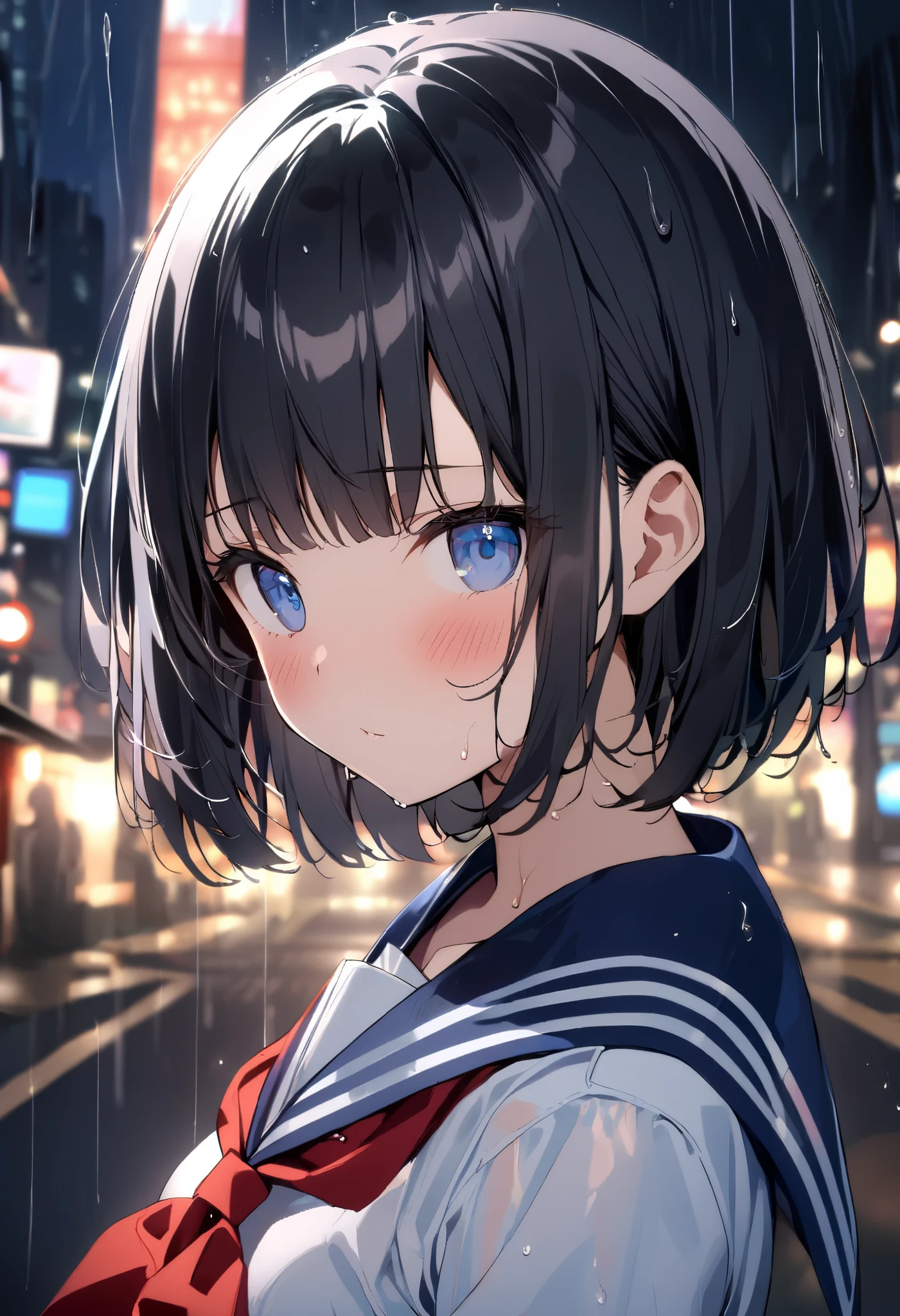 Anime girl with blue eyes in the rain - SeaArt AI