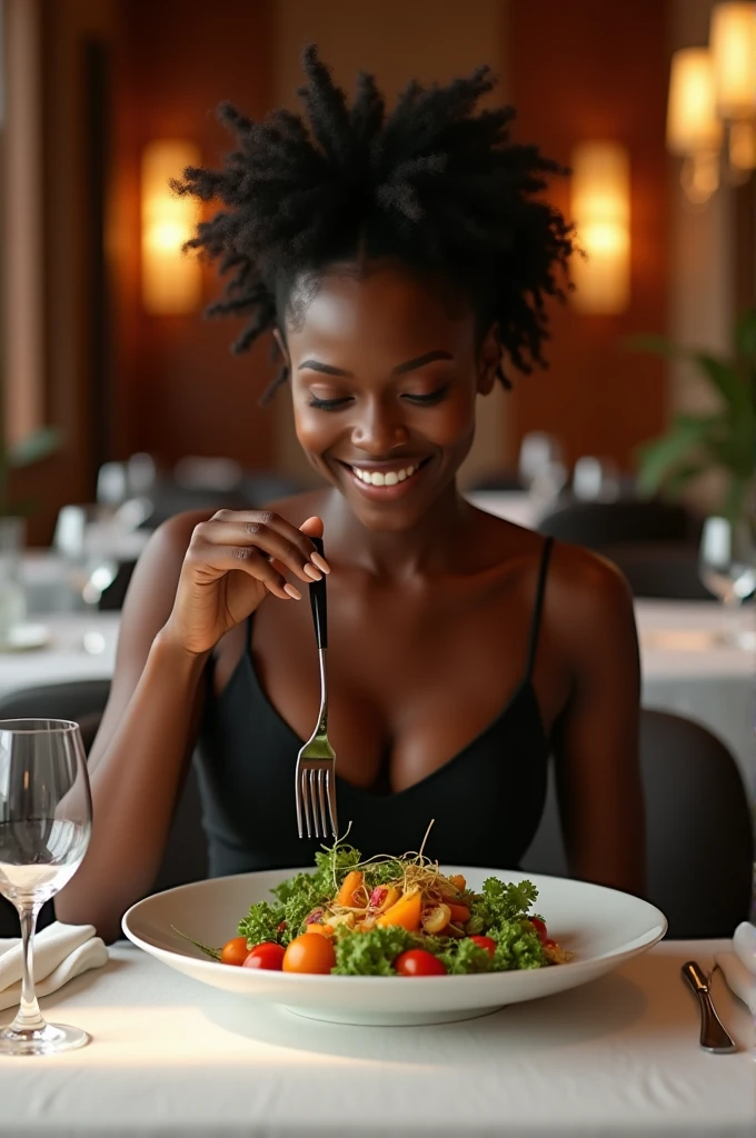  there is a black woman , the woman has, she has dark skin, with dark brownish skin, with long curly, long black loose moisturised curly hair she is  dressed elegantly, sits at a chic Michelin-starred restaurant table. She’s about to indulge in a gourmet dish—a beautifully plated culinary masterpiece with artistic presentation. Her eyes light up with excitement as she takes a delicate bite, savoring the flavors. The soft ambient lighting of the restaurant highlights her graceful posture, creating a perfect blend of luxury dining and sophisticated beauty.


