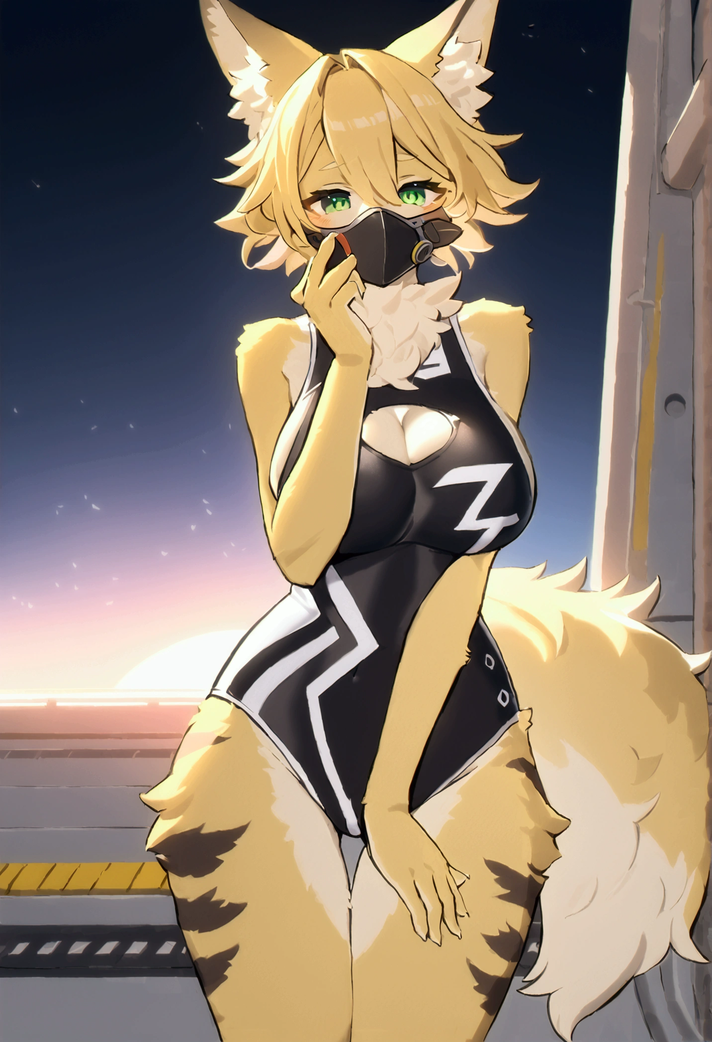 (top quality, best quality, High-quality illustrations, masterpiece, perfect artwork, cinematic light and shading, 16k, 1080p, uploaded on e621)(kemono, furry, anthro, alone), 1 larger female, (very detailed body, face, tail, arms, hands, legs, head and eyes), cat, Pulchra, (Zenless Zone Zero), yellow fur, fluff, striped body, big breasts, fluffy tails, perfect eyes, green eyes, black pupils, wearing a mask, beautiful summer one-piece swimsuit, beautiful night, body movement, body twitching, looking at viewer, full body portrait