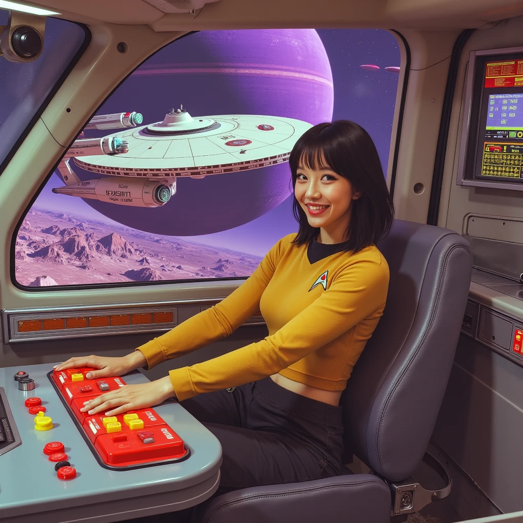 A cute woman pilots a shuttle (all the controls are big unlabeled colorful buttons) craft towards an enormous Federation space station (no obvious engine, huge hangar bay, many levels, many windows some unlit) in orbit of a strange violet alien world (60s star trek styling)
