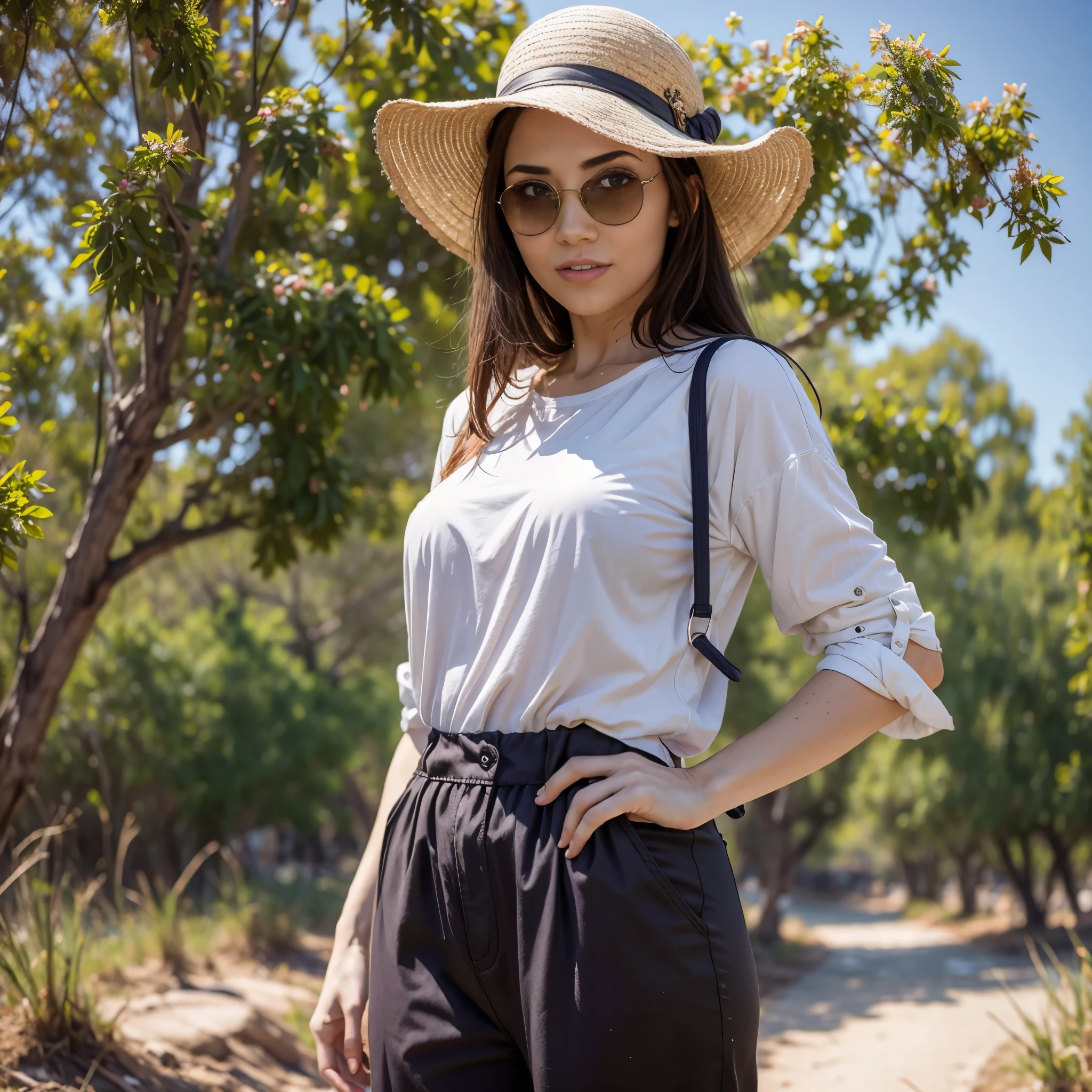 ((Best quality)), ((masterpiece)), ((realistic)), ((Best quality)), ((masterpiece)), ((realistic)), Woman walking in Australian outback, looking tired, wearing Loose-fitting clothing Long-sleeved shirts and pants, Headgear, Sunglasses, very beautiful, in a natural and casual style on eye level, scenic, masterpiece, (highres), original, extremely detailed 8K , (photorealistic:1.4),flawless face, perfect eyes,symmetrica body shape,smile, tara.tainton