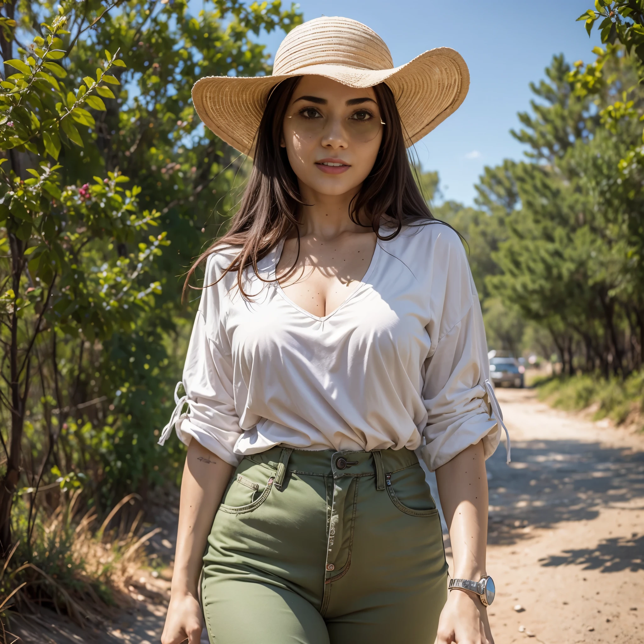 ((Best quality)), ((masterpiece)), ((realistic)), ((Best quality)), ((masterpiece)), ((realistic)), Woman walking in Australian outback, looking tired, wearing Loose-fitting clothing Long-sleeved shirts and pants, Headgear, Sunglasses, very beautiful, in a natural and casual style on eye level, scenic, masterpiece, (highres), original, extremely detailed 8K , (photorealistic:1.4),flawless face, perfect eyes,symmetrica body shape,smile, tara.tainton