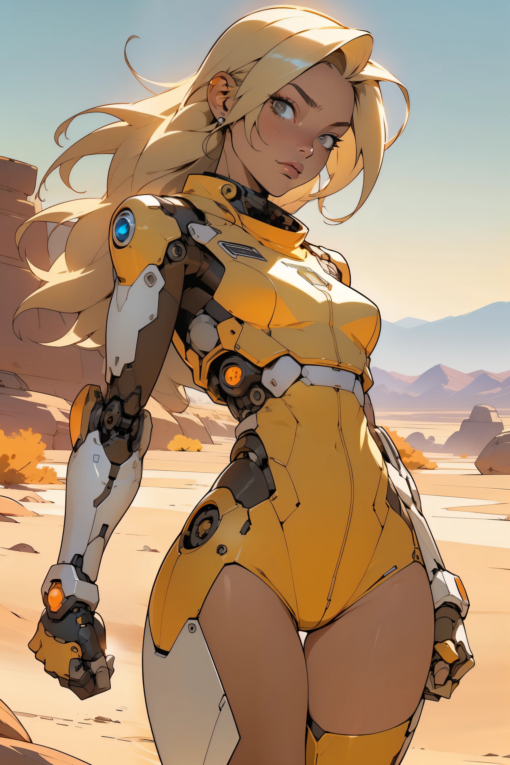 high quality, 4k, masterpiece, beautiful, cyborg girl, cowboy shot, dull eyes, front, looking at viewer, long blonde hair, girl, small breasts, fit thighs, robotic arms, robotic body, cyborg body, yellow & white uniform, orange accent, intricate detail, joint, detailed lines, robotic detail, holding fist up, holding hand up as fist, color robotic parts, robotic parts with color, perfect fingers, on a desert planet, sunny background, colorful desert, a river or a lake in the background, slender thighs, skinny thighs,