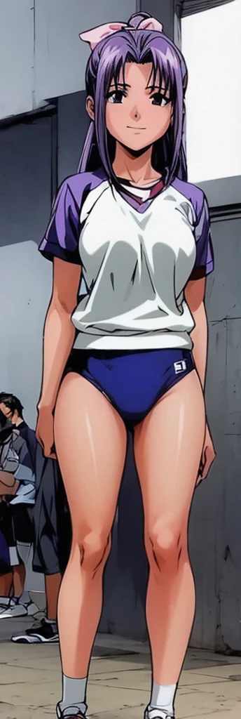 Momoko Koigakubo, who is tall and has beautiful legs, is wearing white gym clothes and bright blue panty-shaped bloomers, smiling and standing with her legs spread to the side and her mouth open.。Doing Comanechi pose。