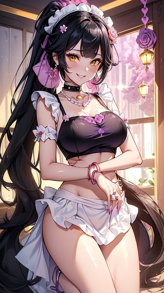 (((masterpiece, ultra high quality, ultra HD, 8K quality))), (((single woman))), (((Shining Black hair: 1.3))), (((Ponytail Ribbon))), (((long bangs:1.2))), (((deep clear dark Yellow eyes:1.2))), (((shining beautiful eyes))), (((eye highlights))), ((pink lips)), (((beautiful and well-balanced proportions))), sexy expression, ((highly detailed)), ((perfectly detailed face)), (((beautiful shiny white skin))), ((detailed and carefully drawn hands)), (((very large and ample breasts: 1.2))), (((cute smile)), ((sexy pearl Purple colored Love uniform, maid headdress)), photorealistic image, (((photo from waist up))), ((large earrings, necklace, bangle, ring)), ((rose flower hair ornament))
