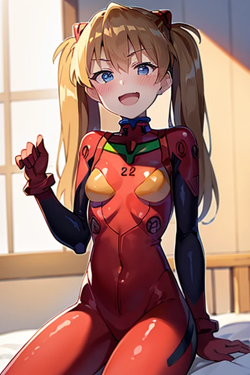 (( top quality)), ((masterpiece)), (be familiar with),  perfect face, indoor, bedroom,  watching viewers,
One woman,  Soryu Asuka Langley,
 open mouth,  with an ecstatic expression , blush, smile,
 small tits,  flat chested, Young girl, Lori,  s,  girl,
 long hair,  twin tails,
Leg spread,