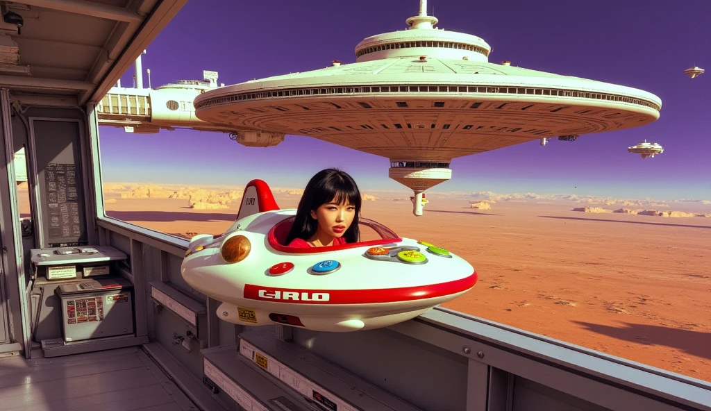 A cute woman pilots a shuttle (all the controls are big unlabeled colorful buttons) craft towards an enormous Federation space station ( the space station has no obvious engine, large radial spoked design, huge hangar bay, many levels, many windows some unlit) in orbit of a strange violet alien world (60s star trek styling)
