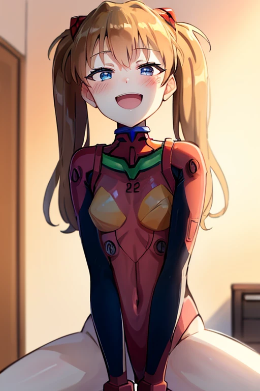 (( top quality)), ((masterpiece)), (be familiar with),  perfect face, indoor, bedroom,  watching viewers,
One woman,  Soryu Asuka Langley,
 open mouth,  with an ecstatic expression , blush, smile,
 small tits,  flat chested, Young girl, Lori,  s,  girl,
 long hair,  twin tails,
Leg spread,