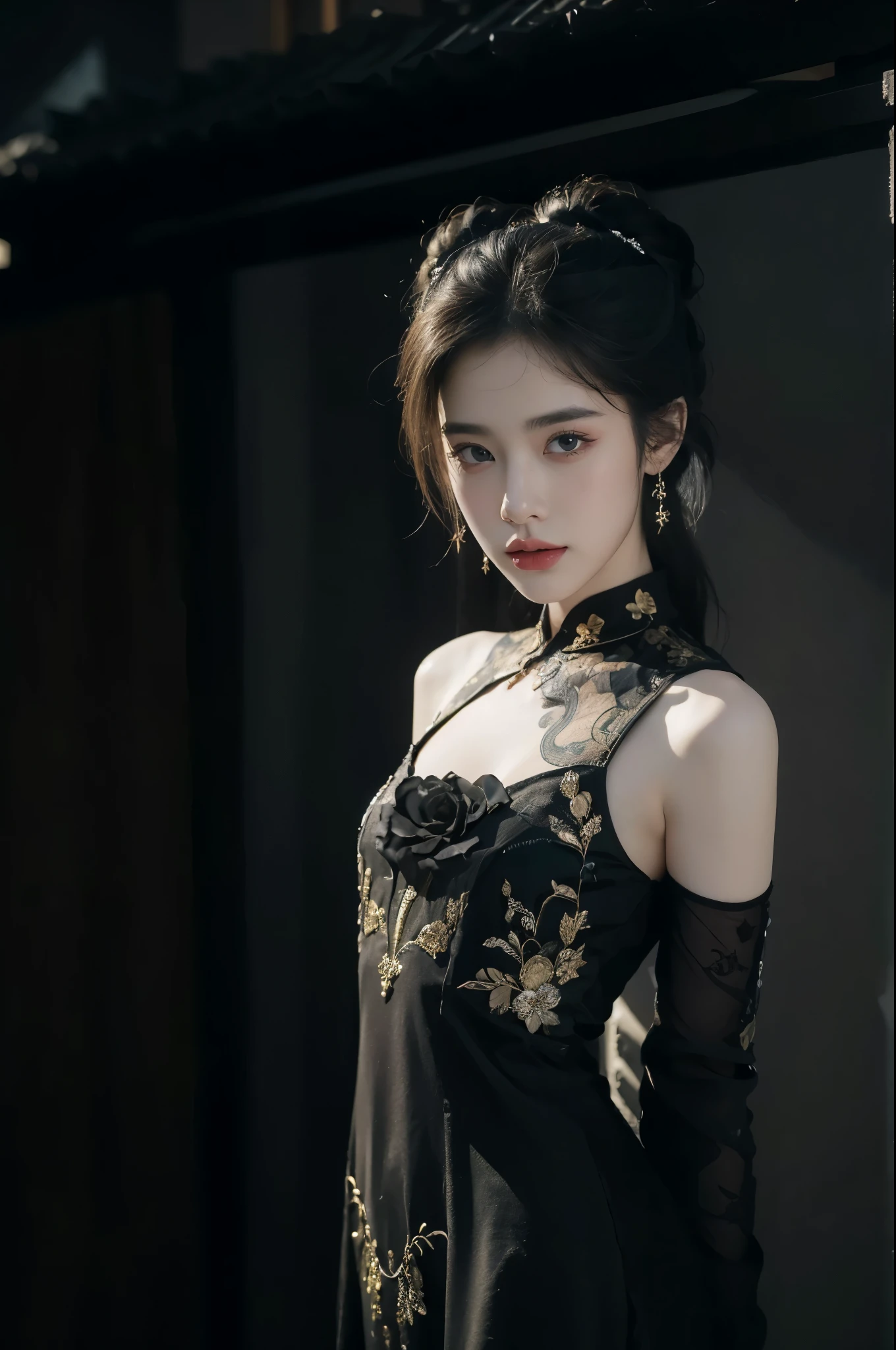 A close up of a woman in a black dress with gold flowers - SeaArt AI