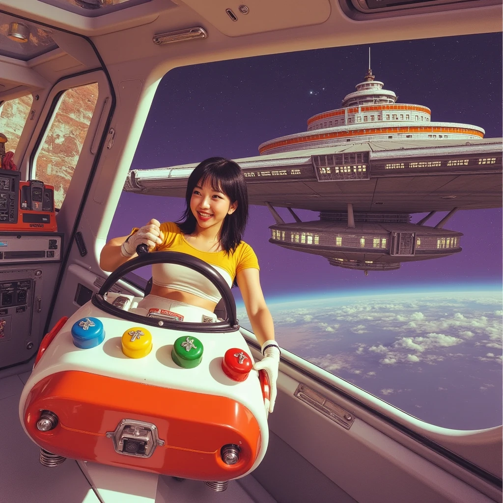 A cute woman pilots a shuttle (all the controls are big unlabeled colorful buttons) craft towards an enormous Federation space station ( the space station has no obvious engine, large radial spoked design, huge hangar bay, many levels, many windows some unlit) in orbit of a strange violet alien world (60s star trek styling)
