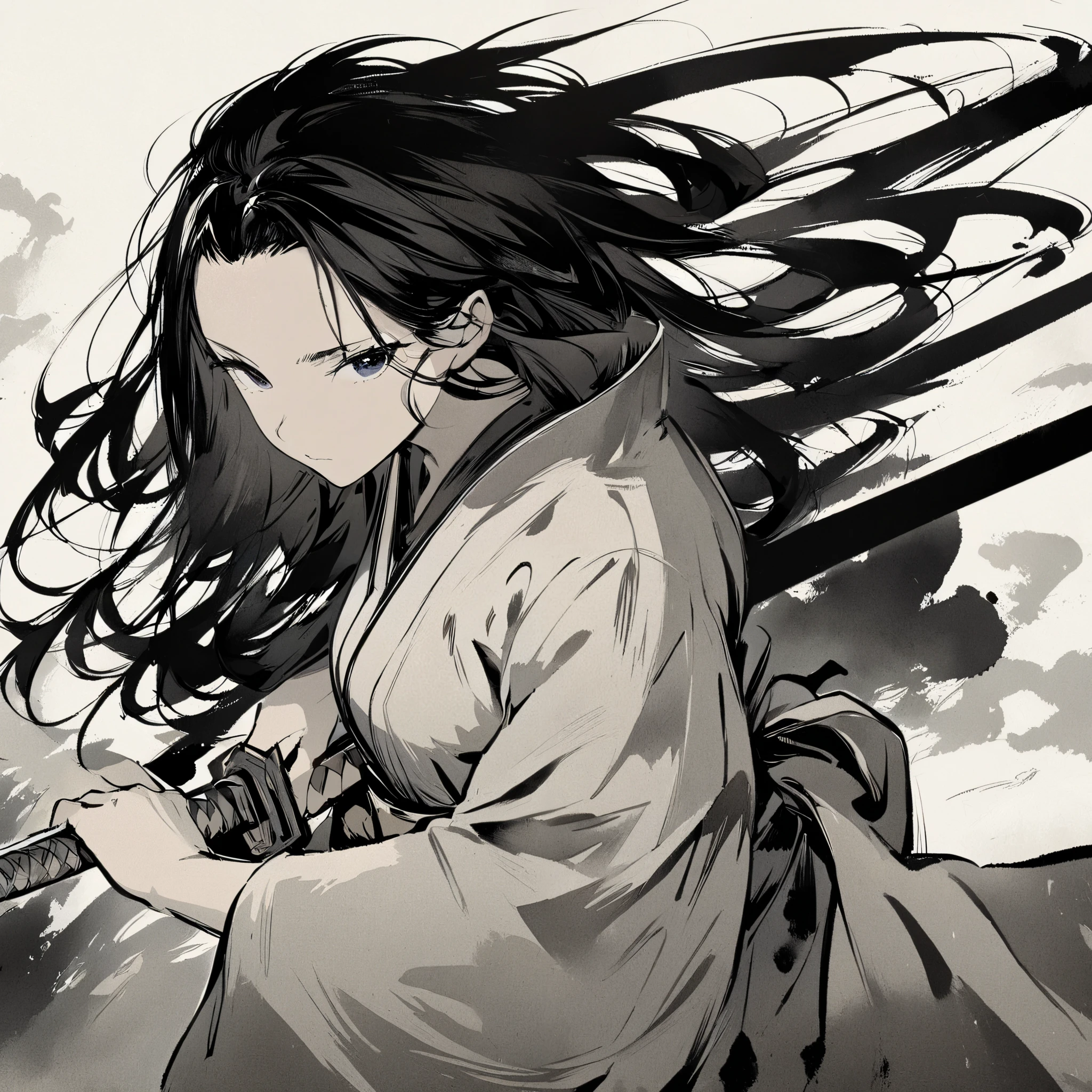 top quality, Masterpiece , high definition , Alone, ink painting style, Samurai Girl, Long black hair that reaches the shoulders , dark eyes, kimono, holding a Japanese sword, Not Available, beautiful posture, bamboo forest, Moonlit Night, cut in a low position