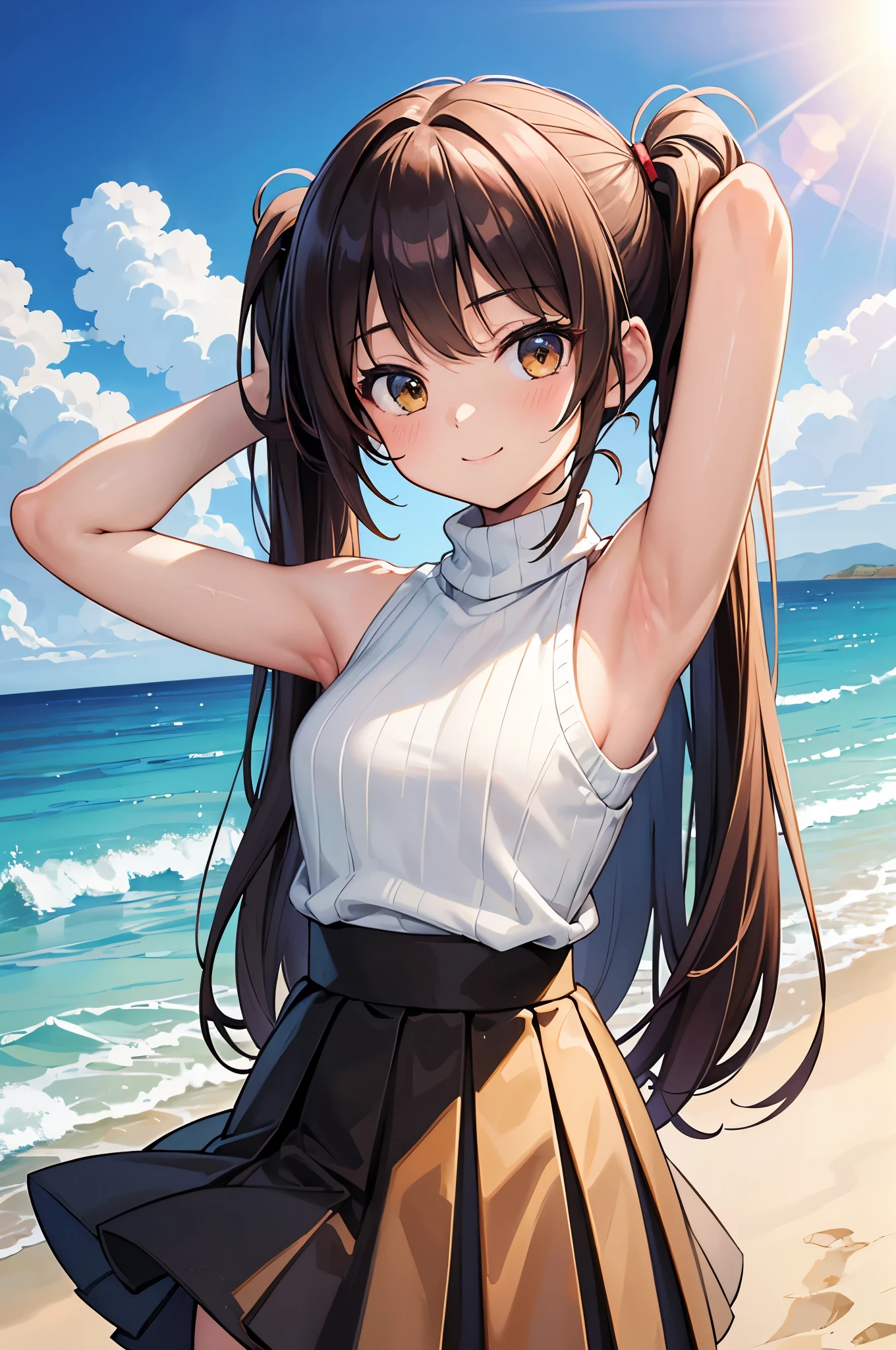 masterpiece,  top quality,  super detailed, Illustration, _(dq3), Thinner main line、1 of 1７  girls,  turns her arms behind her head、Both arms raised、Above the chest composition、Khaki turtleneck sweater、Sleeveless、Hemming、 middle pleated skirt、Being at the beach、Short pigtails、Bask in the sunlight、smile、