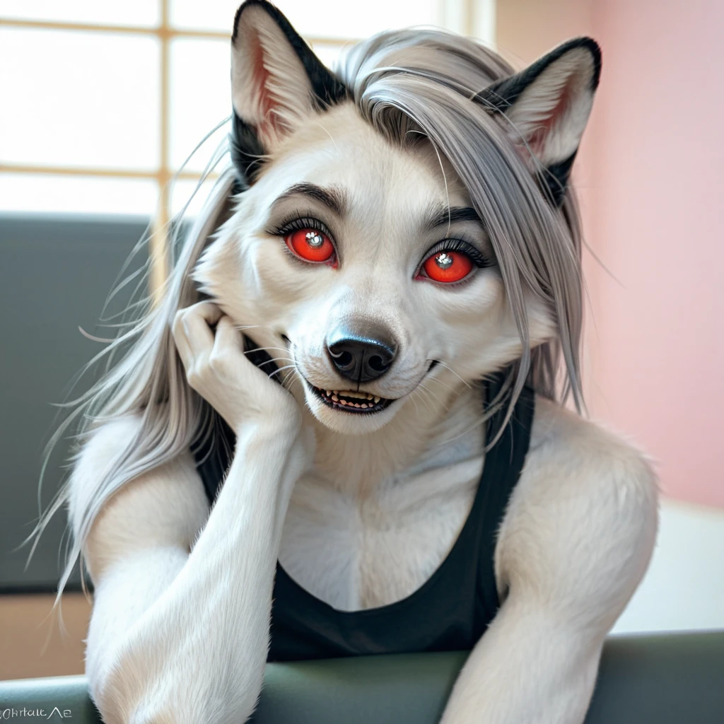 1girl, solo, Furry art, breathtaking furry art, realistic furry, anthro white wolf, female wolf, black makeup, white eyes with red sclera, silver hairs, black ears, sensual, loona, claws,(pixelsketcher pikaflufftulf hioshiru artstyle), slender, 75mm canon shot, ultra realistic, slim anthro,(white pupils), small wolf's chin, cute female anthro,( big eyes), wearing cargo pants and a tank top, playing a pc game on a pc while sitting on a chair, zenematic lighting, full body, day, smiling shyly. Masterpiece, Best Quality, High Details, Anatomically Correct.