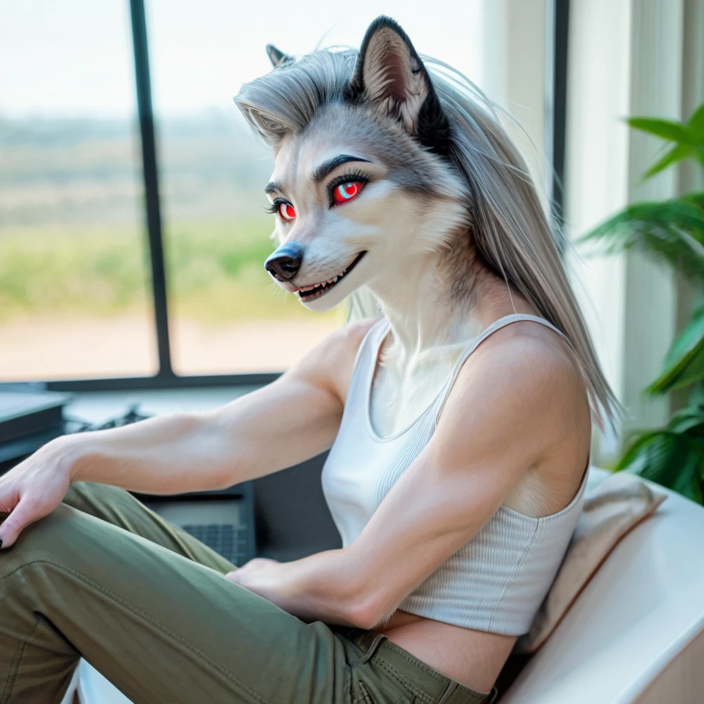 1girl, solo, Furry art, breathtaking furry art, realistic furry, anthro white wolf, female wolf, black makeup, white eyes with red sclera, silver hairs, black ears, sensual, loona, claws,(pixelsketcher pikaflufftulf hioshiru artstyle), slender, 75mm canon shot, ultra realistic, slim anthro,(white pupils), small wolf's chin, cute female anthro,( big eyes), wearing cargo pants and a tank top, playing a pc game on a pc while sitting on a chair, zenematic lighting, full body, day, smiling shyly. Masterpiece, Best Quality, High Details, Anatomically Correct.