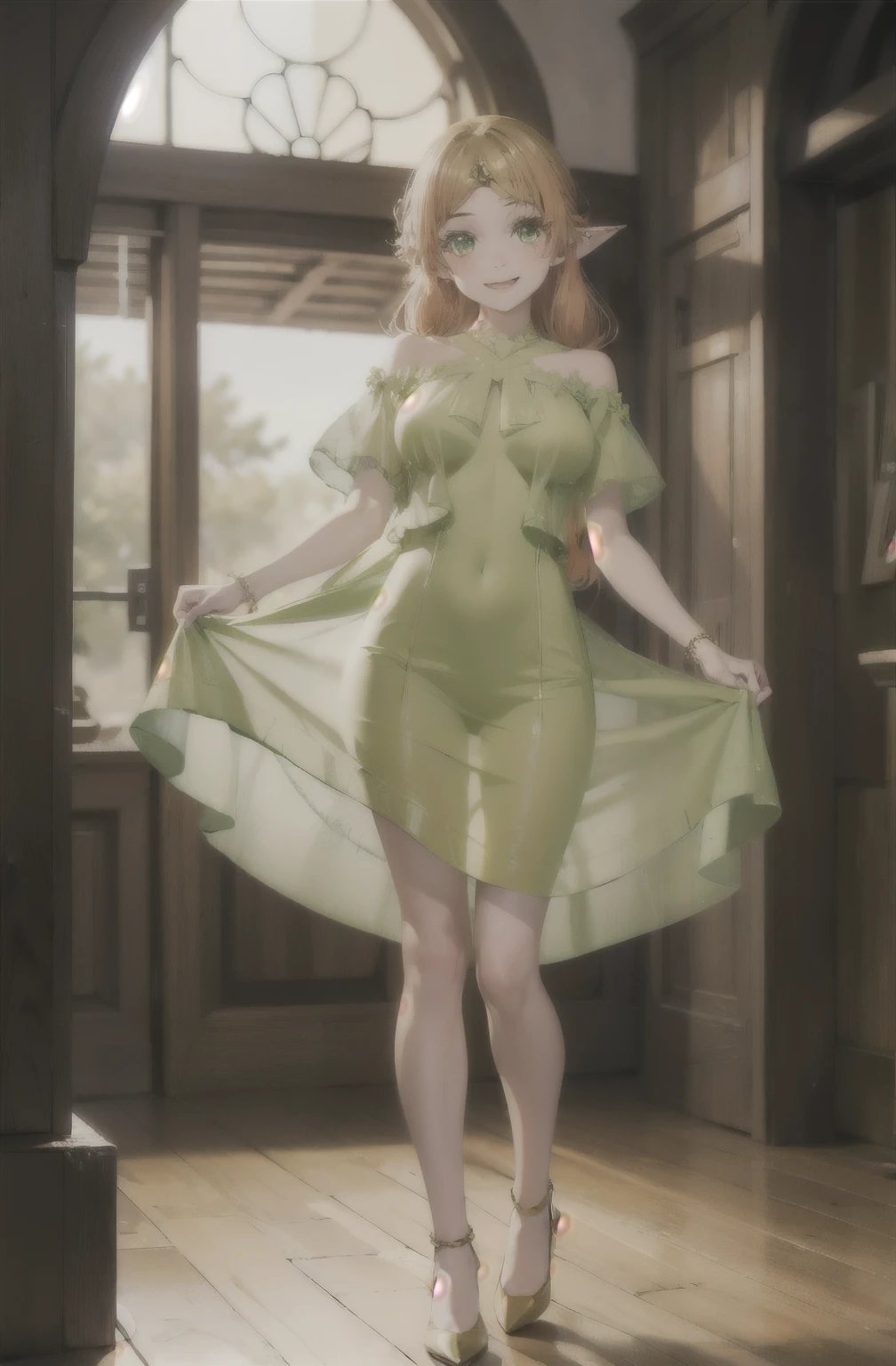 Pointed ears, jewel on forehead, chiffon green peach dress, puffy short sleeves, smiling face, ample breasts, erotic body, super detailed, masterpiece, better quality, aesthetic, detailed, full body composition