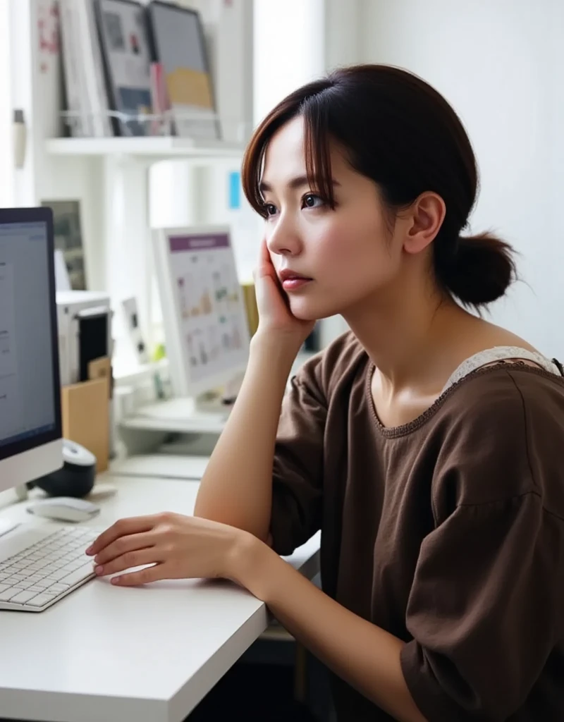 An unparalleled masterpiece of ultra-realistic film photography with minute details. ((Anatomically perfect and accurate body depiction: 1.4)),Photograph of a young woman in a modern office environment. She is of medium build, with light brown skin and hair tied in a neat ponytail. She is wearing a dark brown long sleeve top. The woman is leaning against her desk, with her head resting on her arm, appearing asleep or tired. Her face is partially obscured by the angle of her arm and head, but her serene expression suggests she is resting rather than in distress.